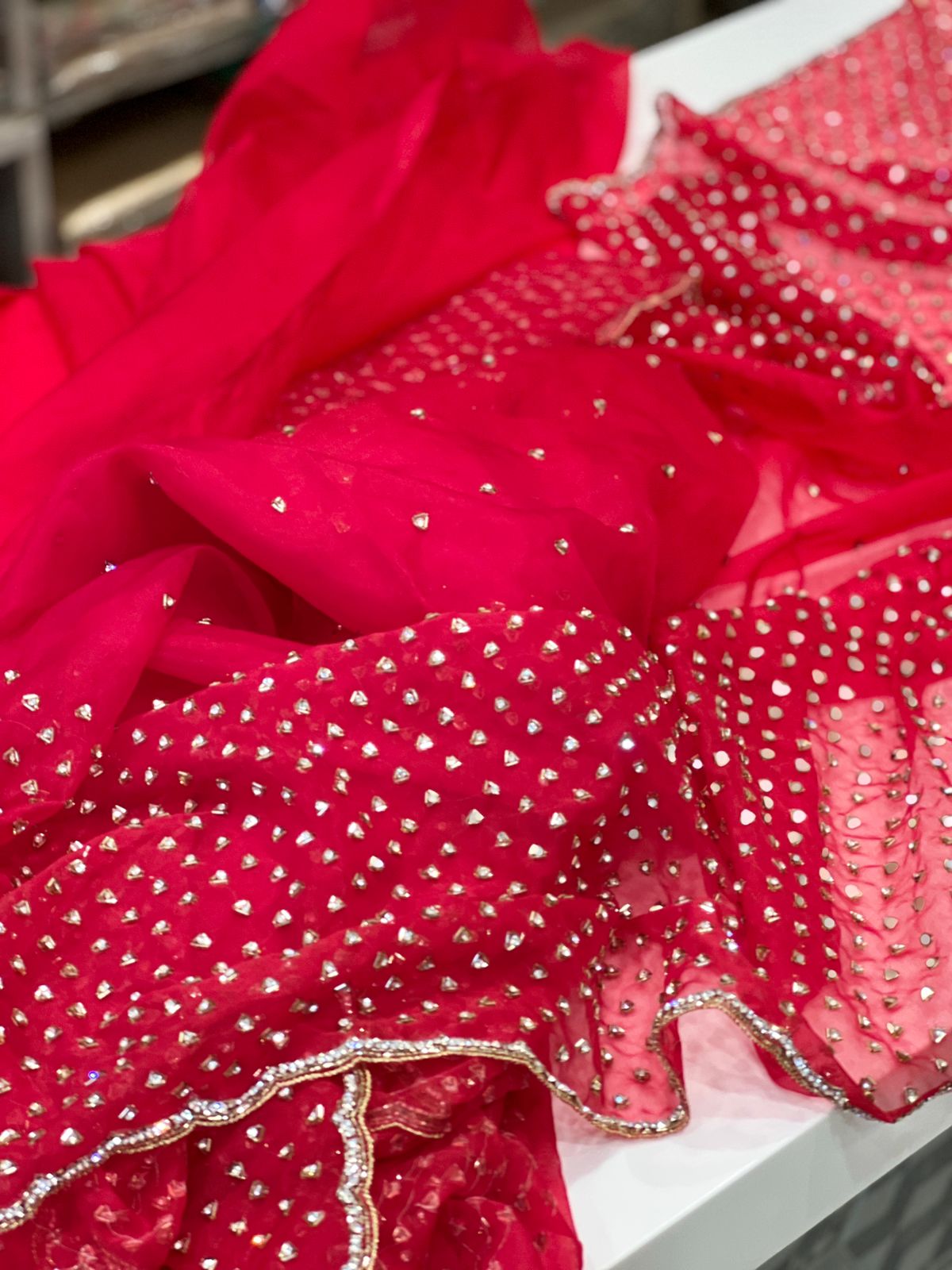 Red Organza Salli Stone Hand Embroidery Saree