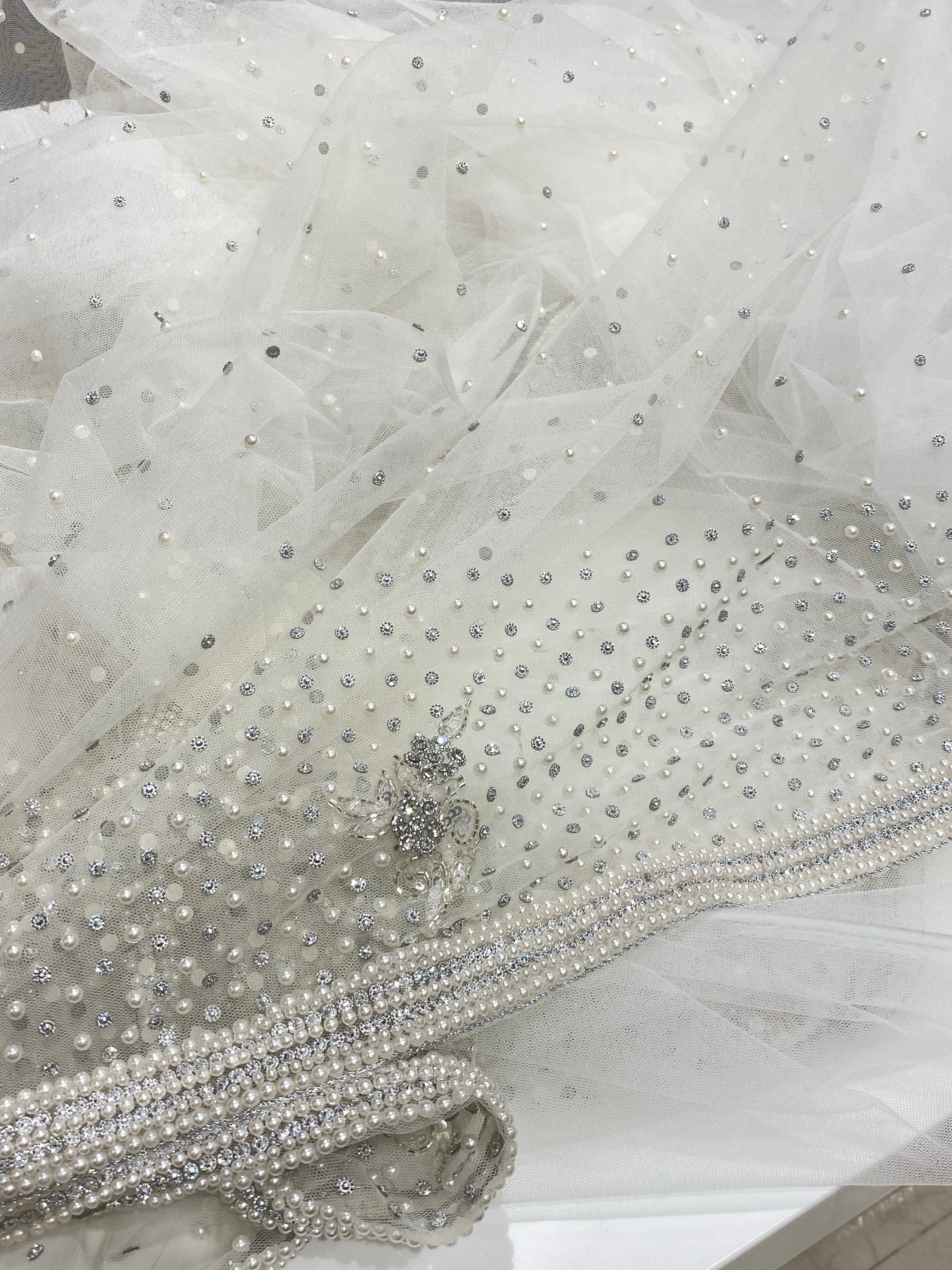 Moti White Hand Embroidery Net Saree