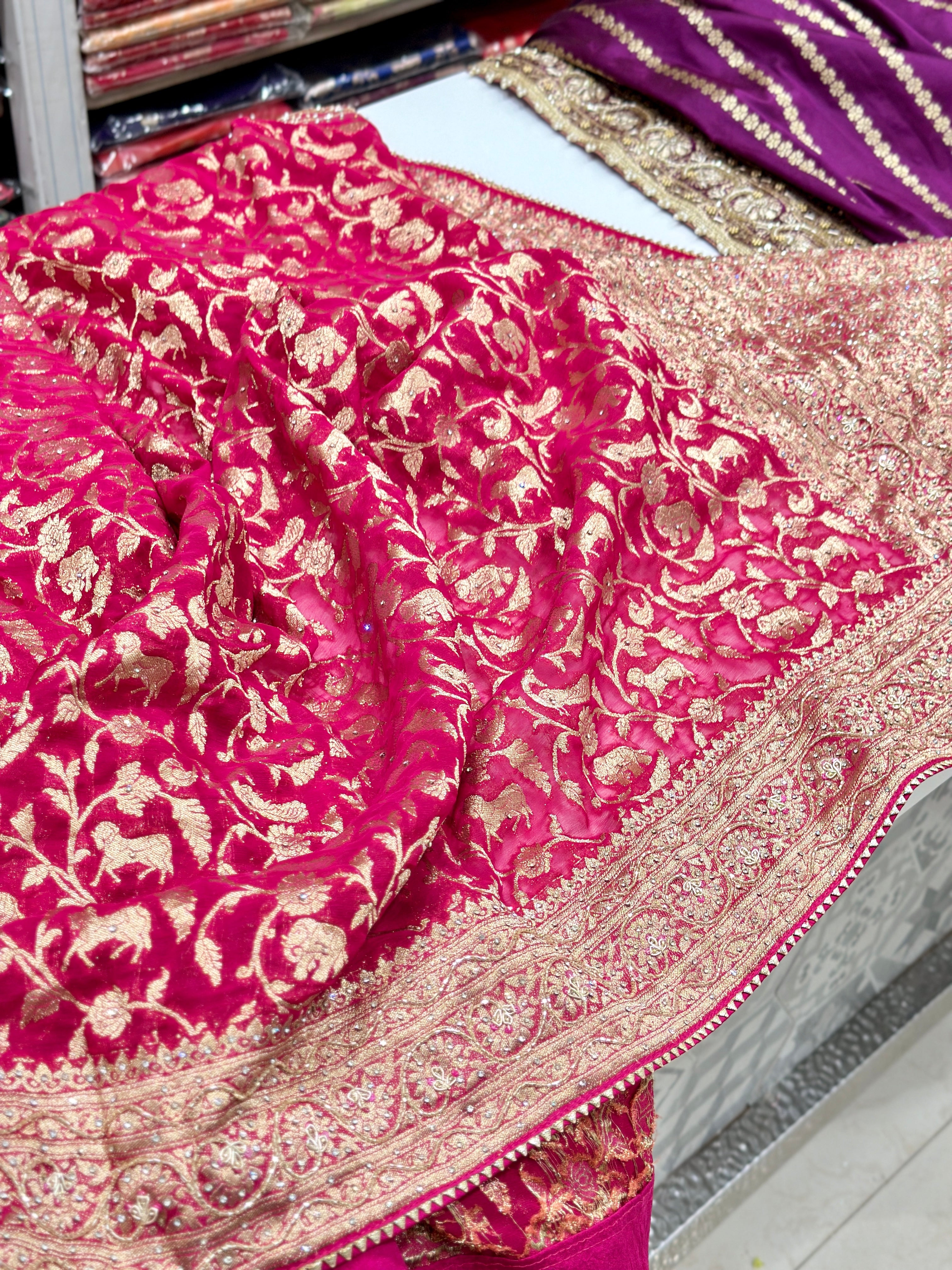 Rani Pink Banarasi Khaddi Georgette Shikara Hand Embroidery Saree