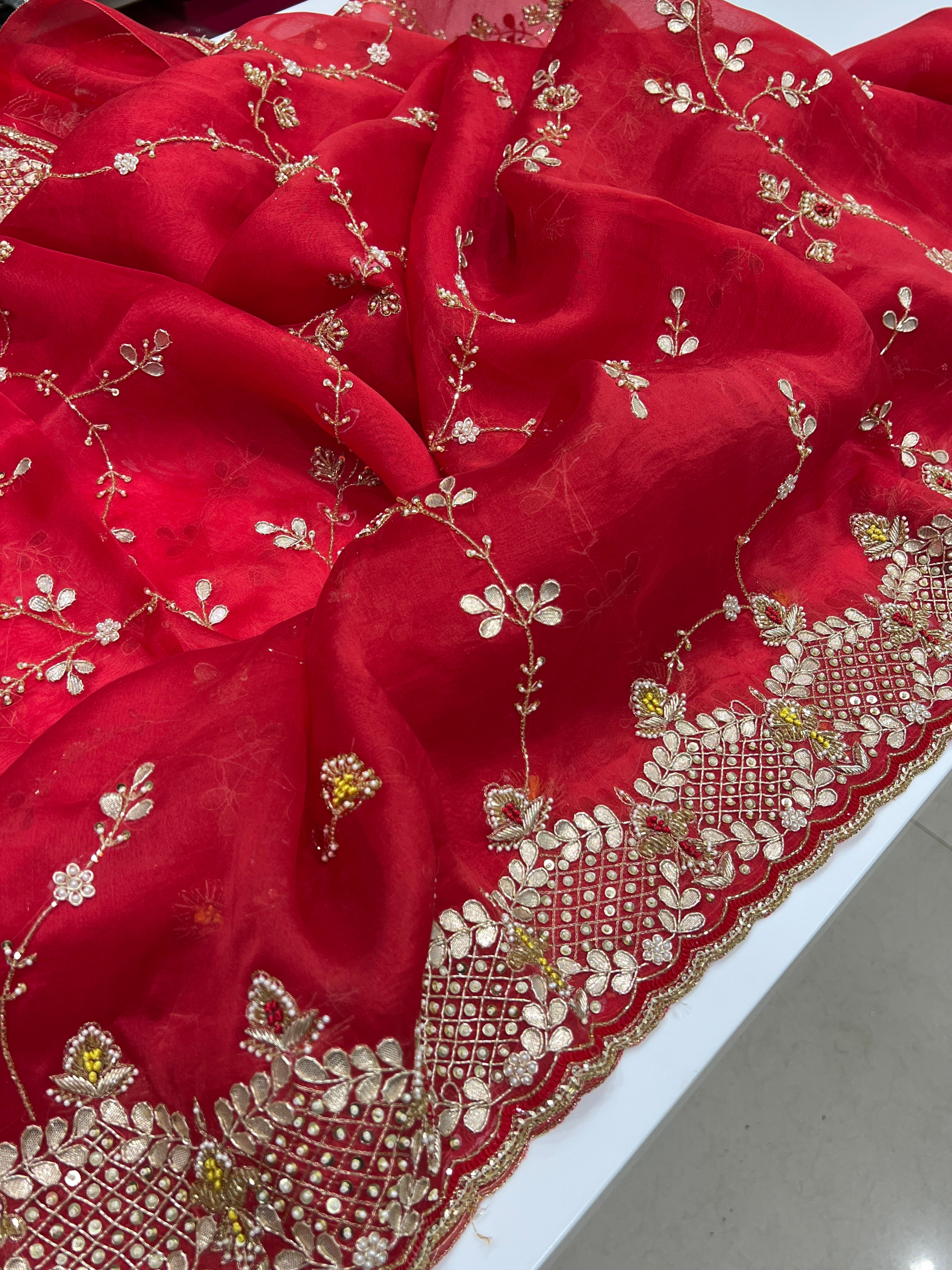 Red Pure Organza Zardosi Knot Embroidery Saree
