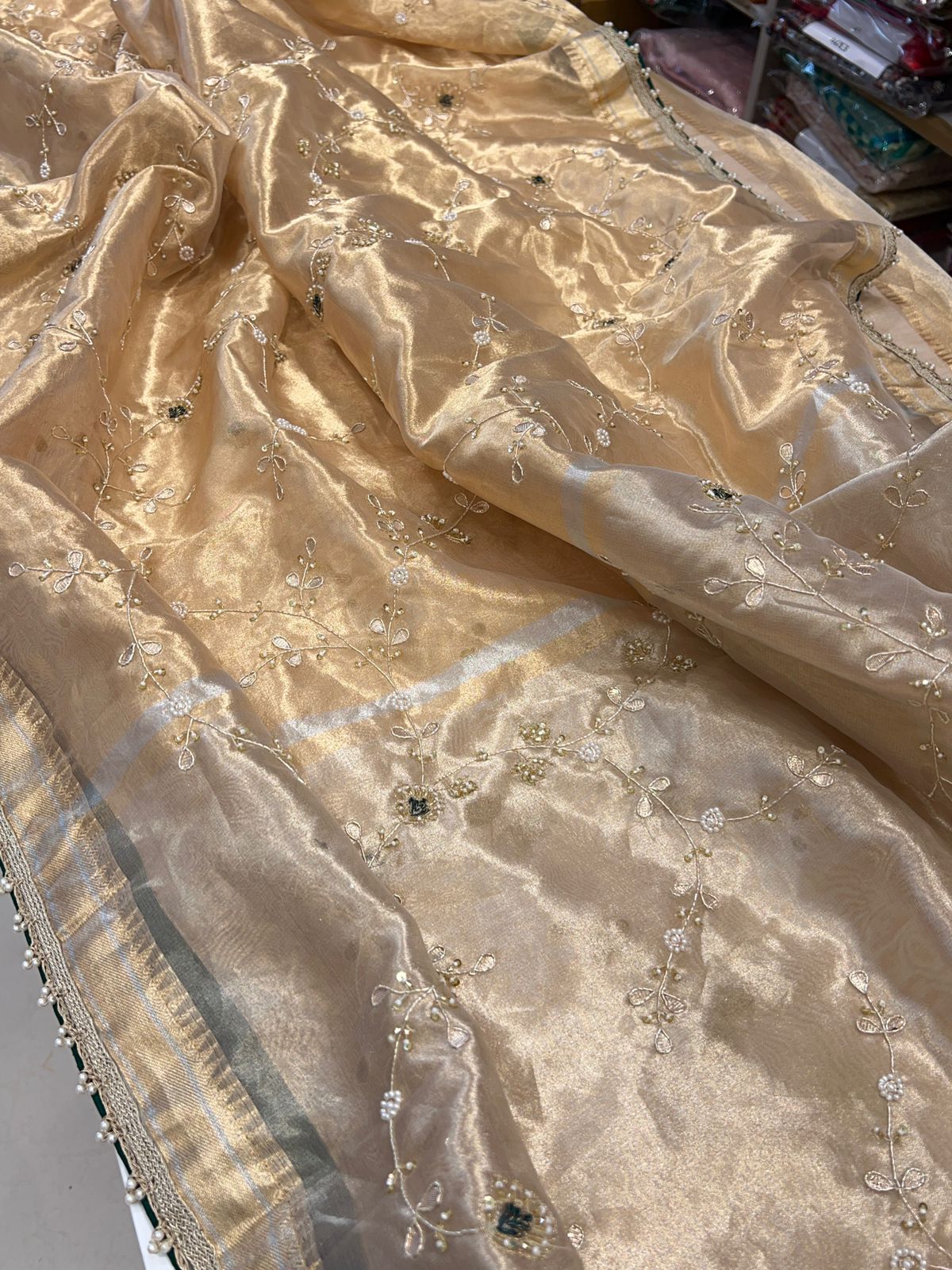 Gold Tissue Embroidery Green Zardozi Saree