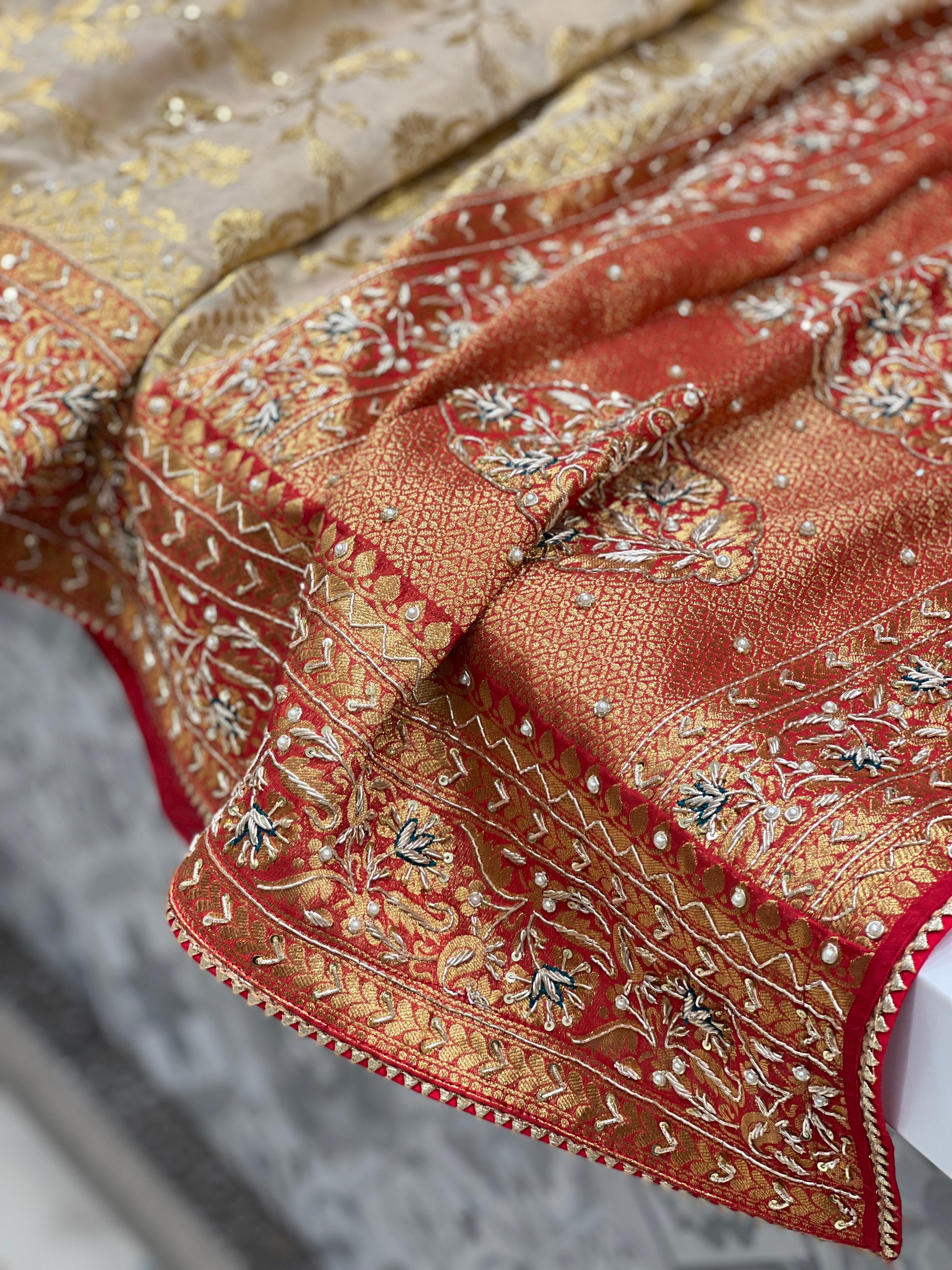Beige Red Banarasi Khaddi Georgette Zardosi Saree