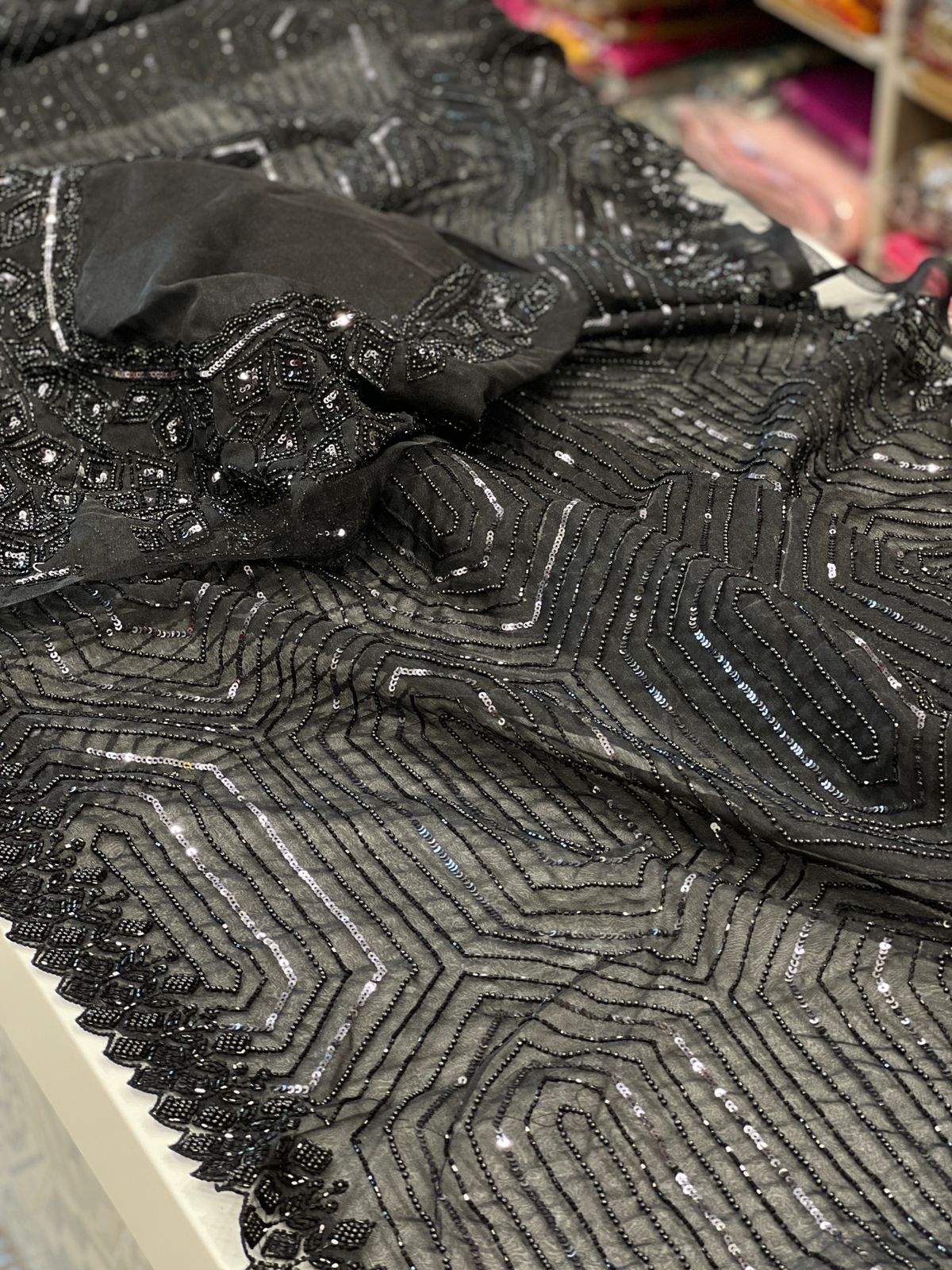 Black Organza Sequin Moti Embroidery Saree