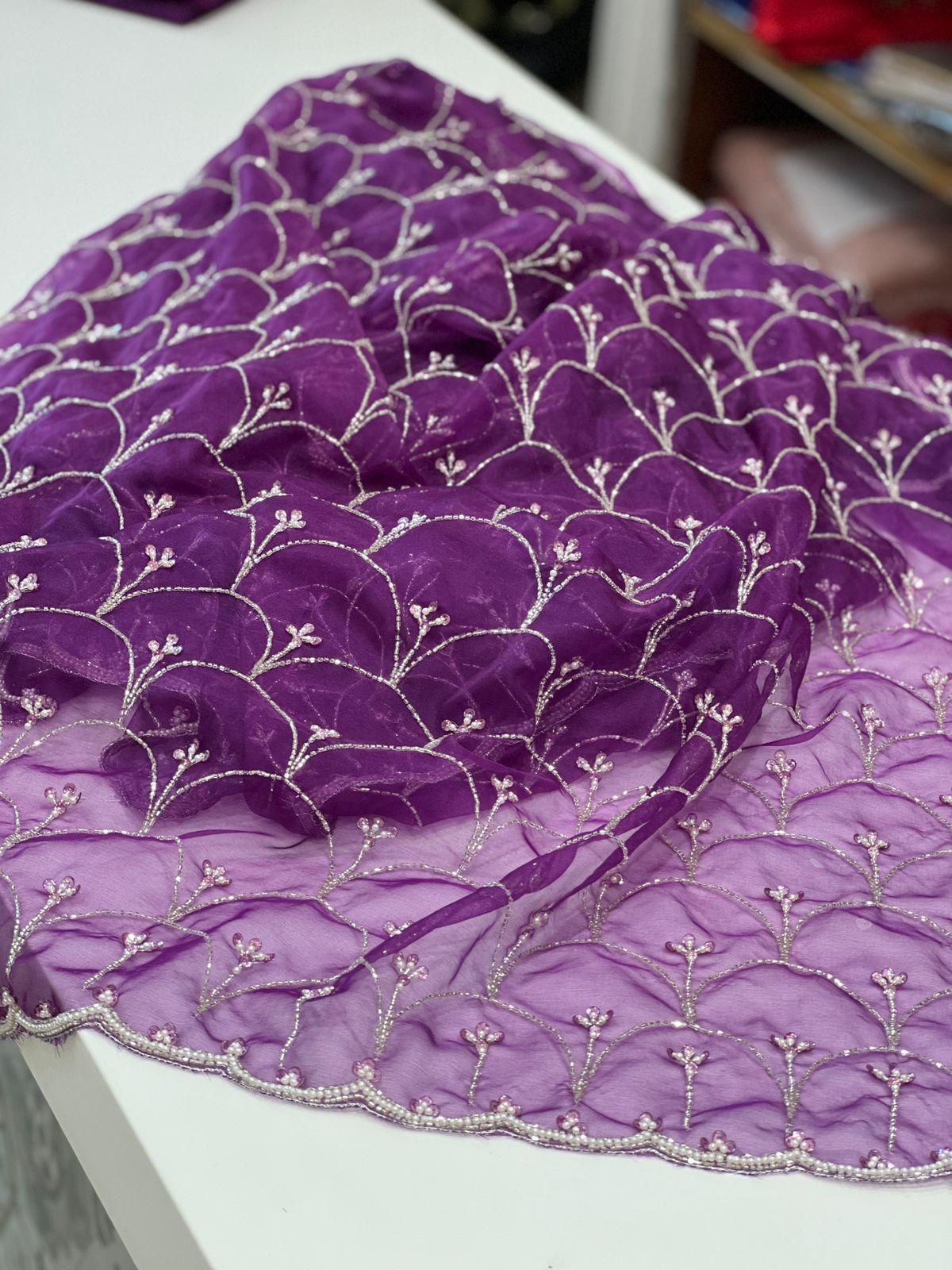 Violet Organza Moti Sequin Hand Embroidery Saree