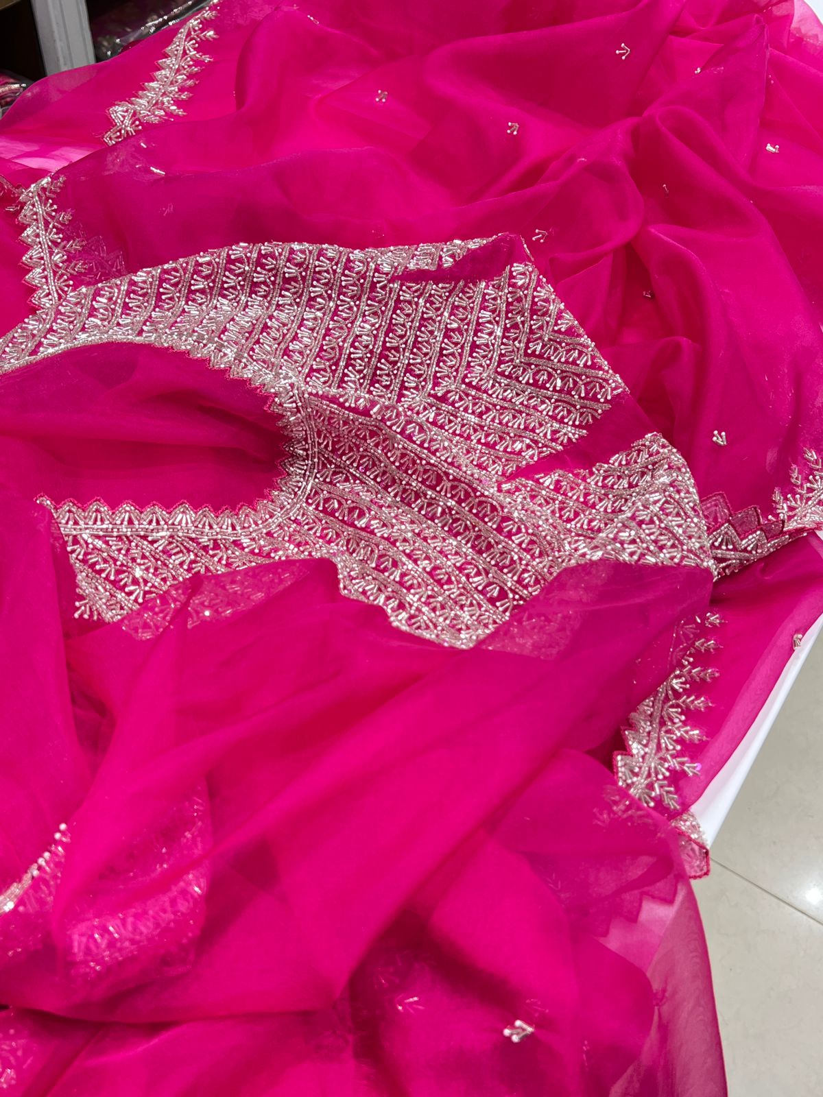 Rani Pink Organza Heavy Blouse Saree Salli Work