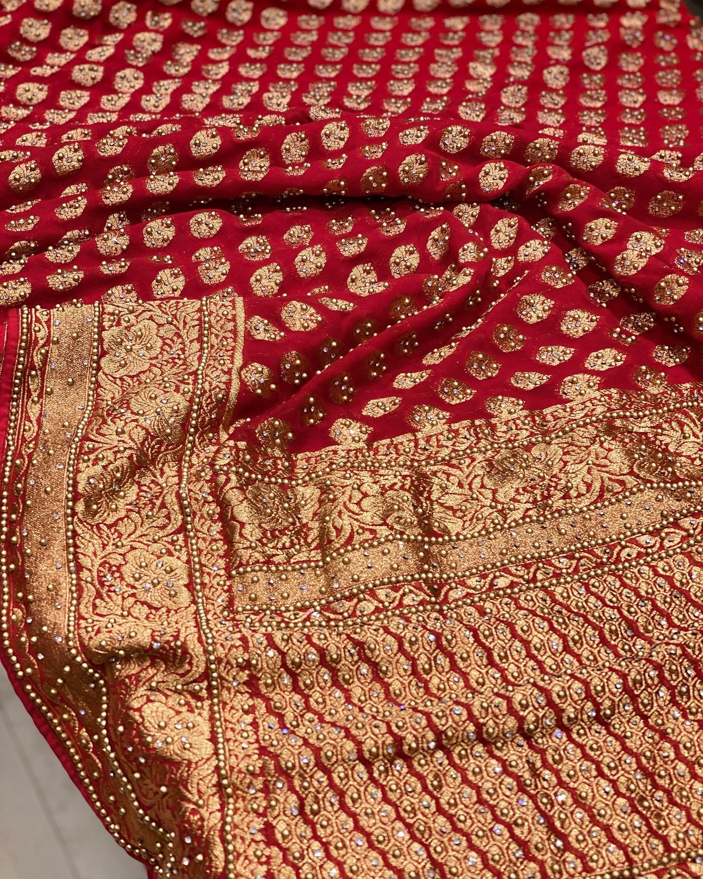 Red Banarasi Georgette with Buttis Hand Done
