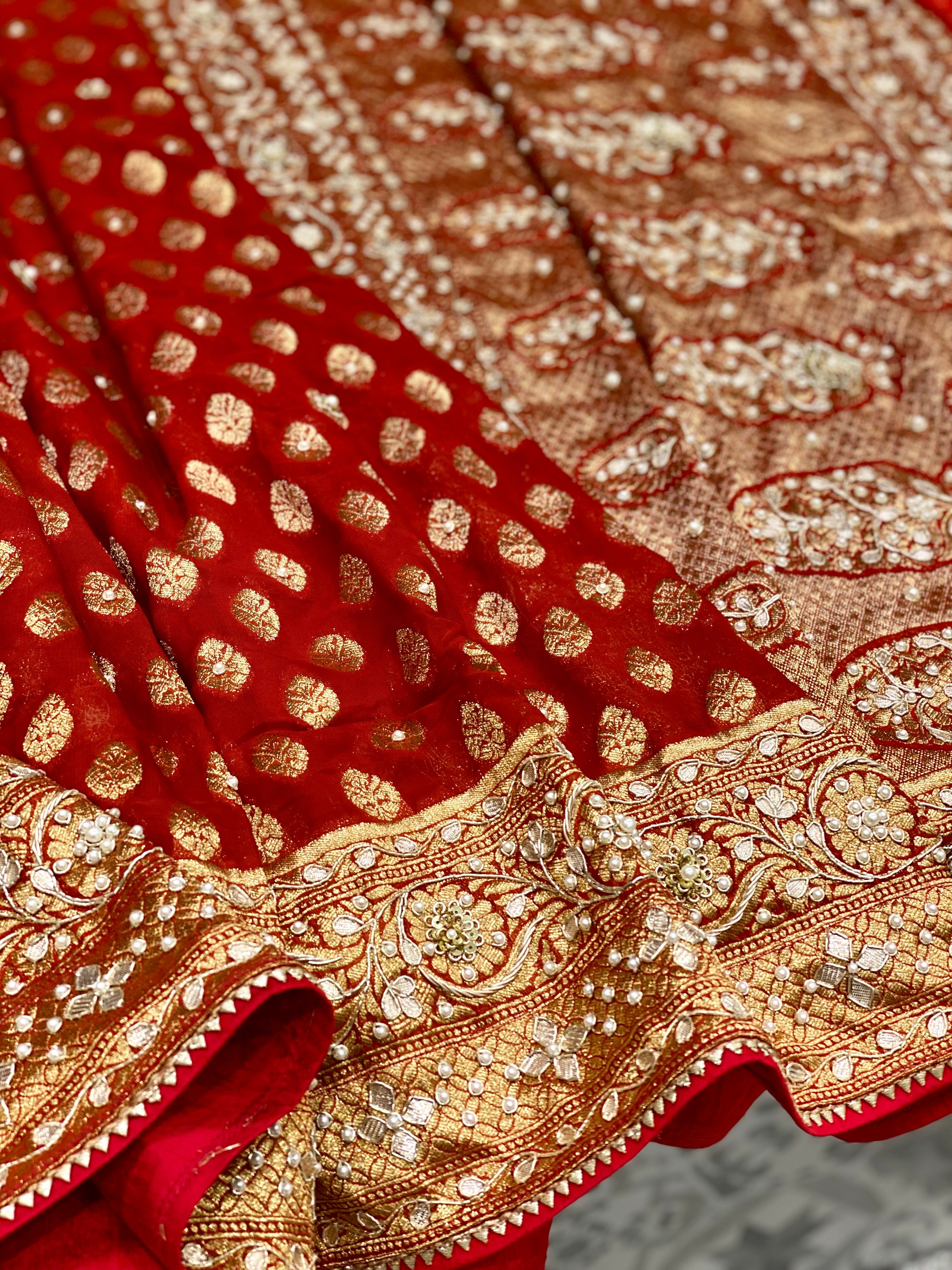 Red Banarasi Buttis with Hand Embroidery Georgette Saree