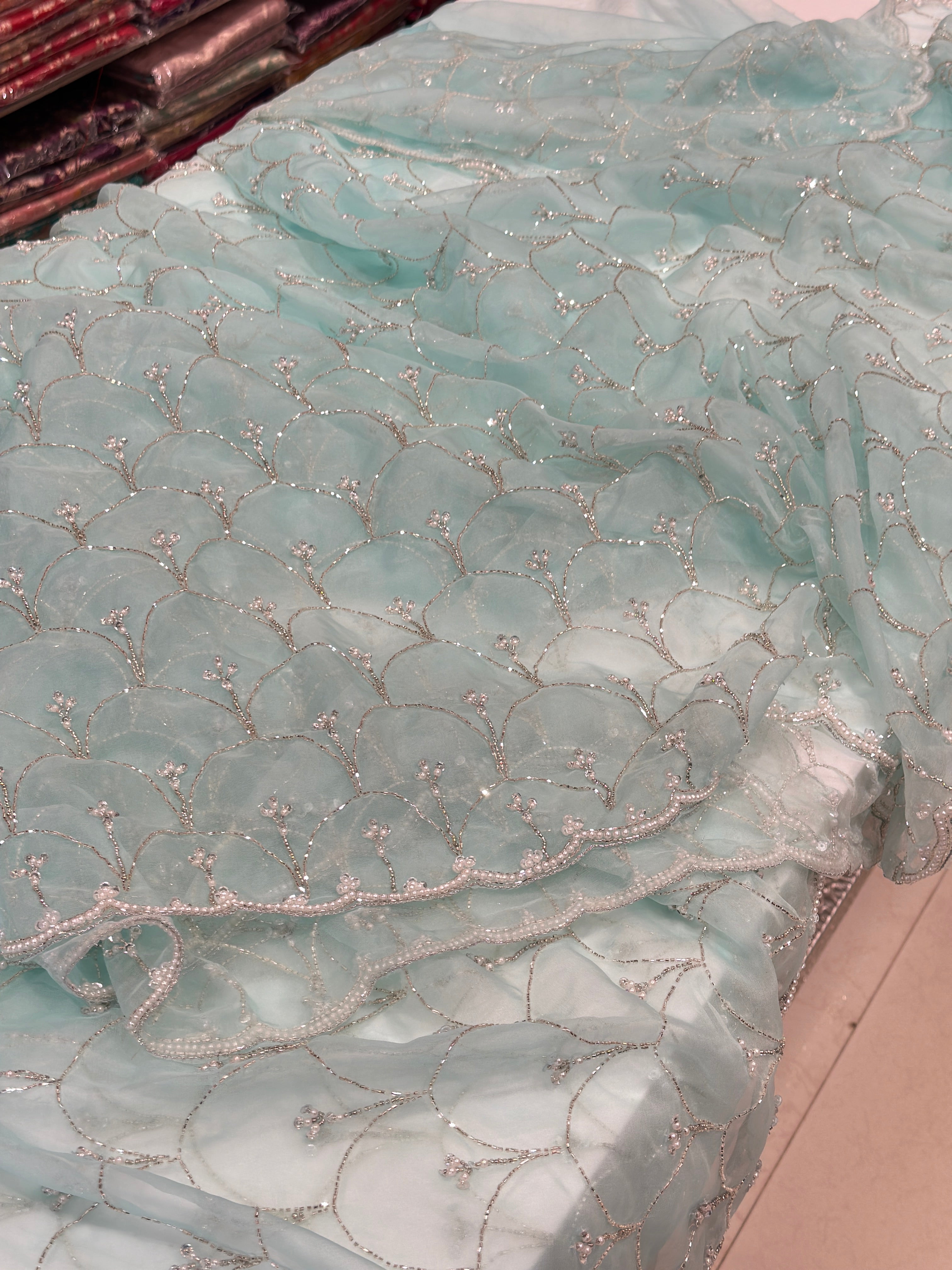 Blue Organza Hand Embroidery Moti Sequin Saree