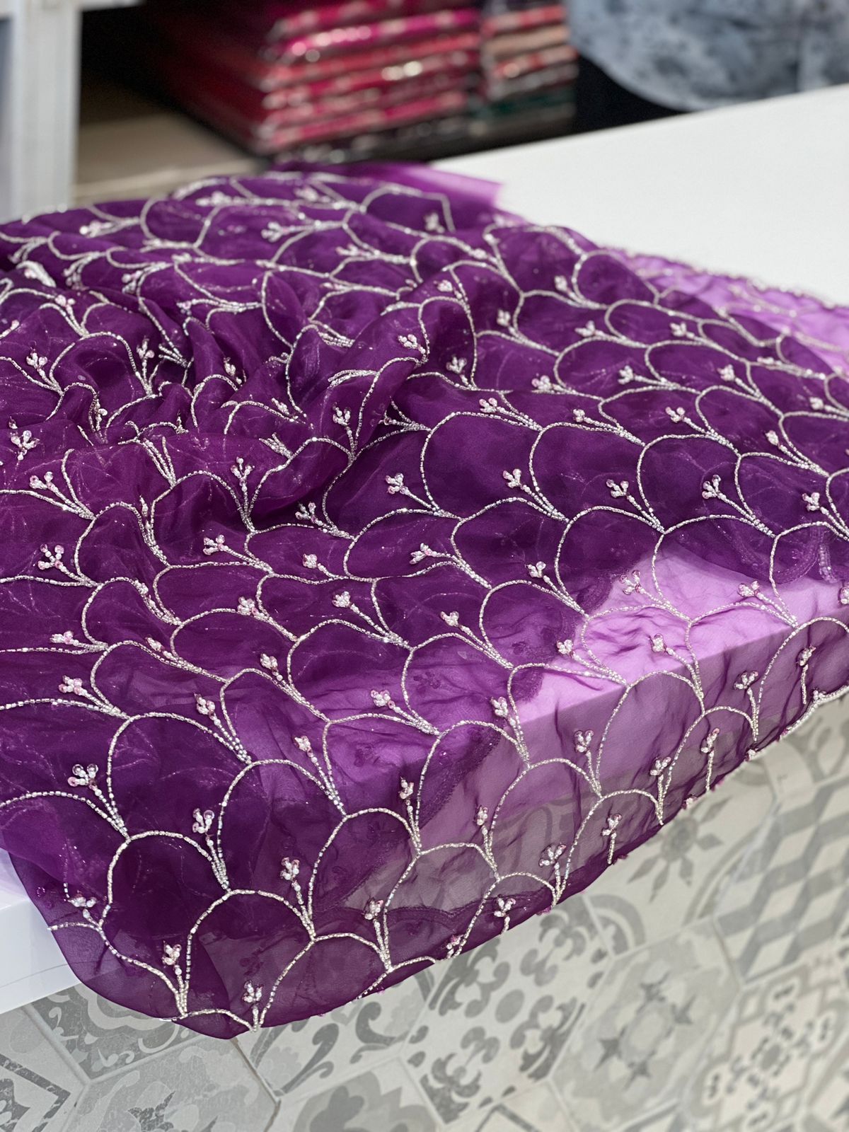 Violet Organza Moti Sequin Hand Embroidery Saree