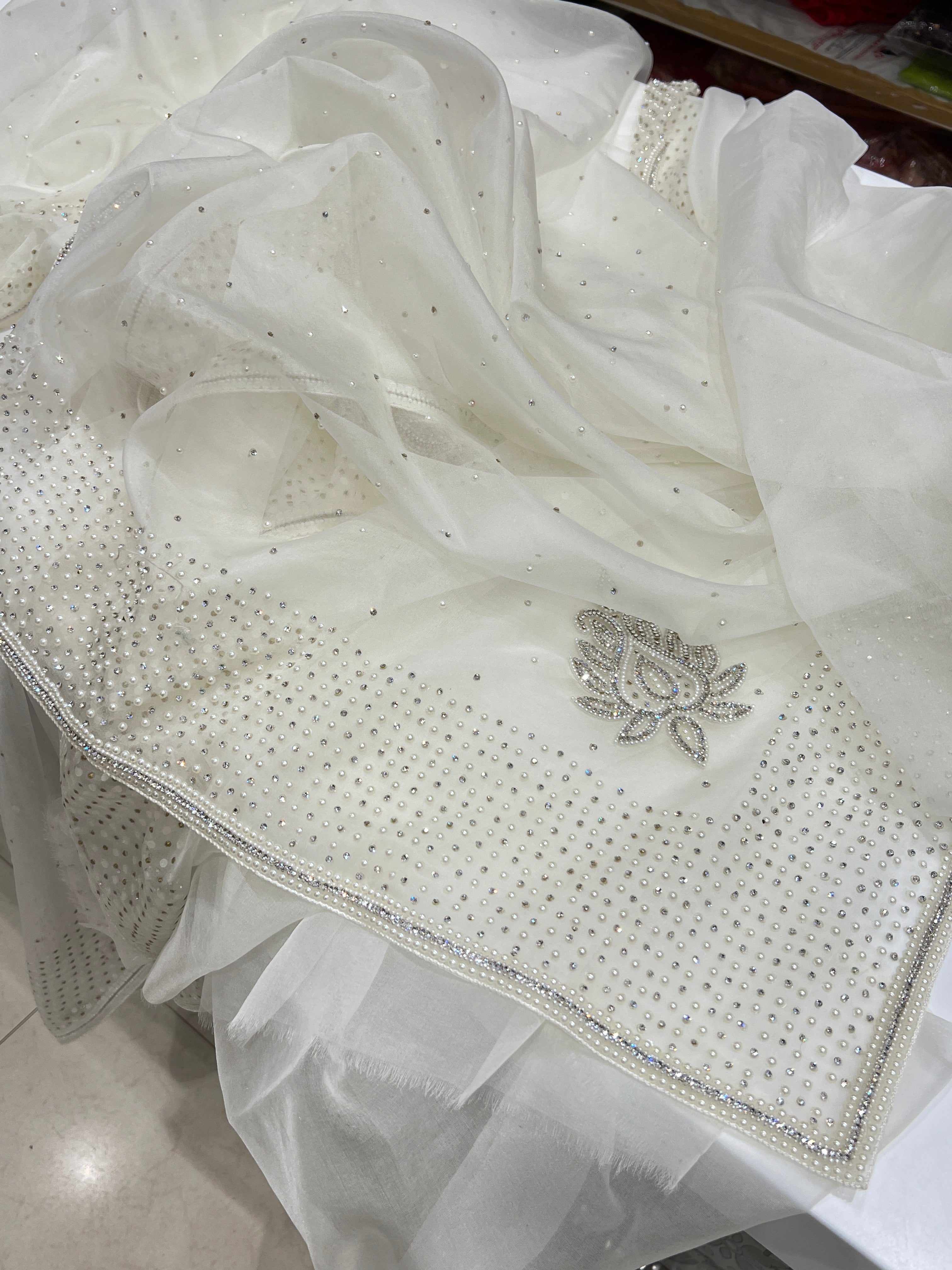 Organza White Hand Embroidery Moti and Stones Saree
