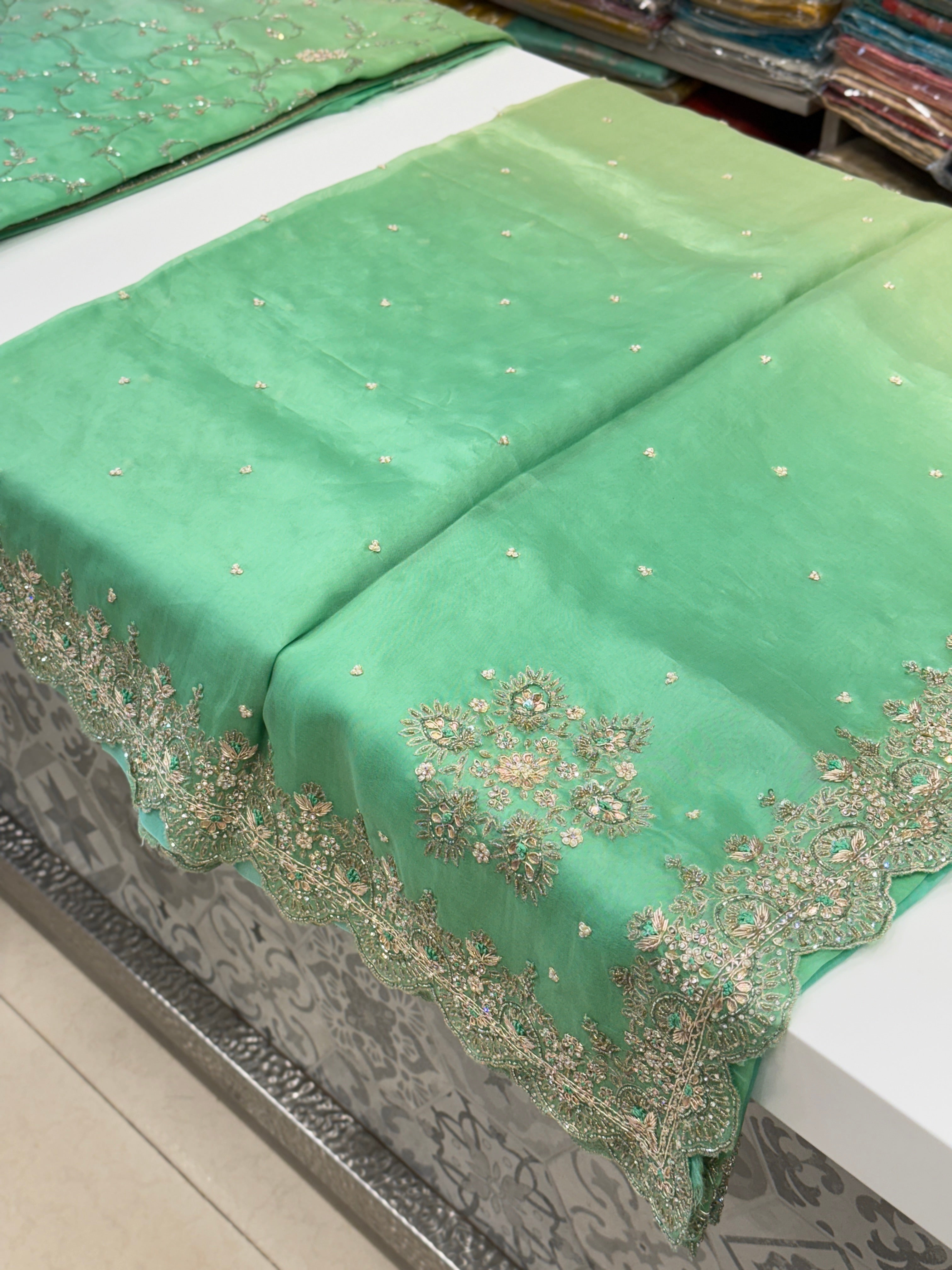 Pure Organza Shaded Green Hand Embroidery Saree