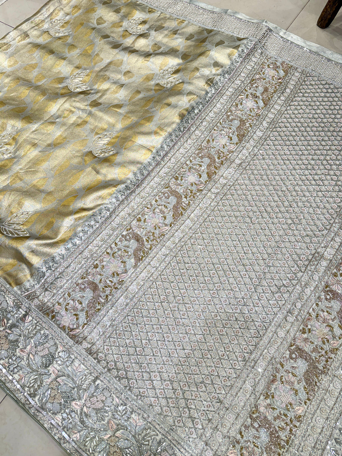 Golden Silver Leaf Jaal Kanjivaram Moti Zardosi Hand Embroidery Saree