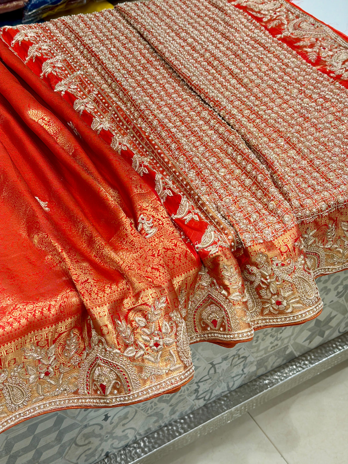 Red Kanjivaram Peacock Motif Hand Embroidery Zardosi Saree