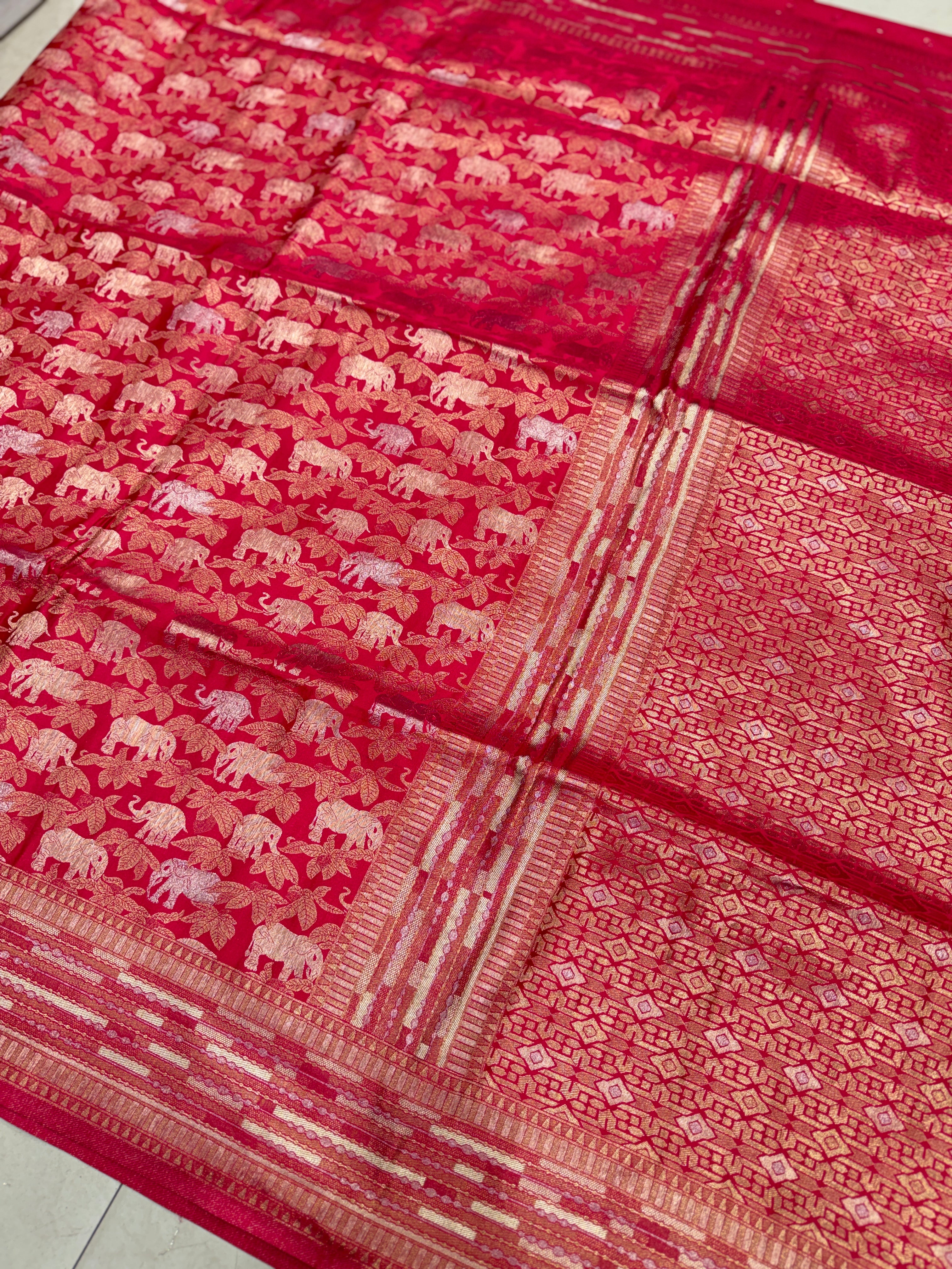 Rani Pink Banarasi Soft Silk Semi Elephant Motif Saree