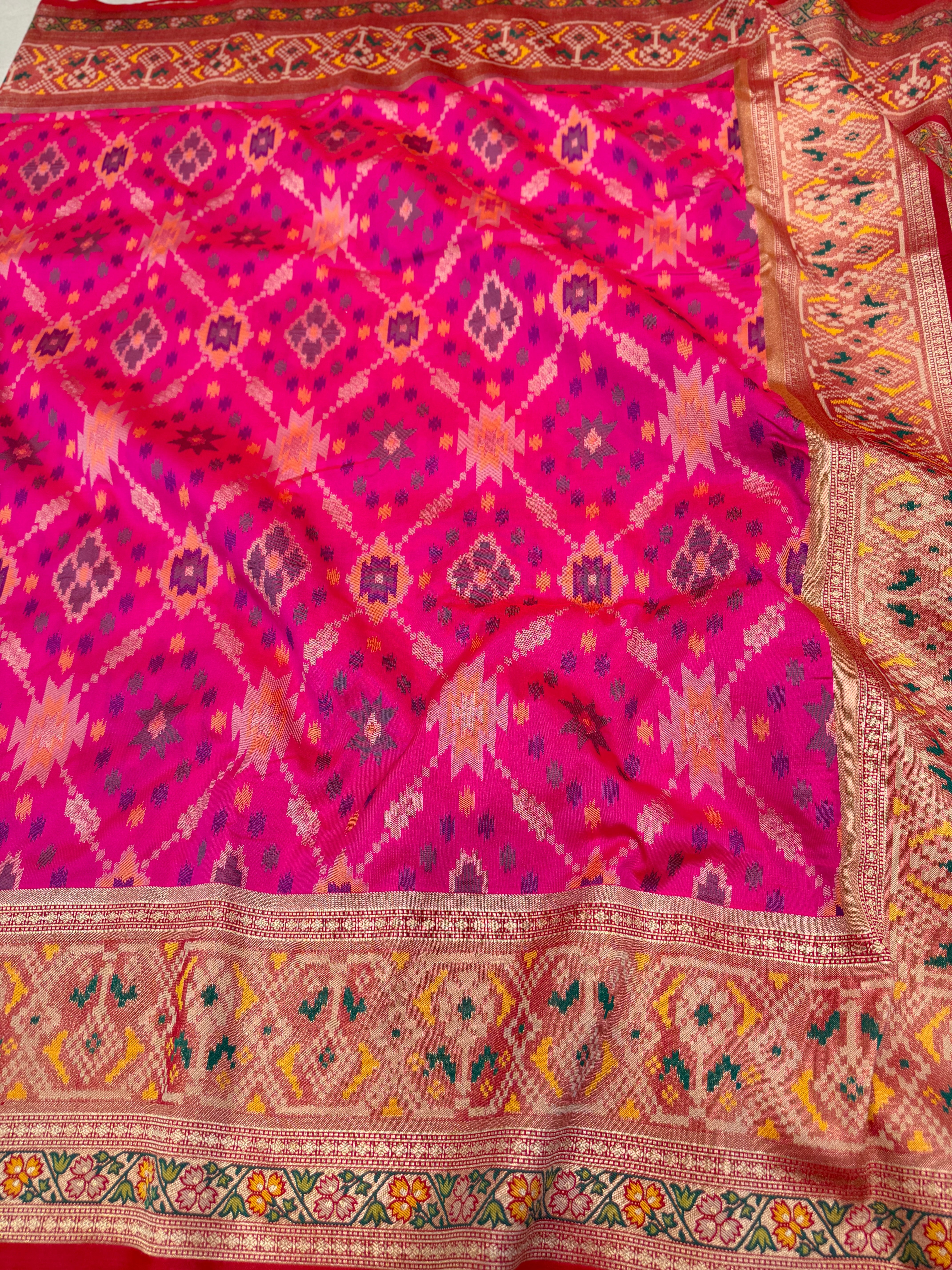 Rani Pink Ikat Patola Banarasi Weaved Jaal Saree