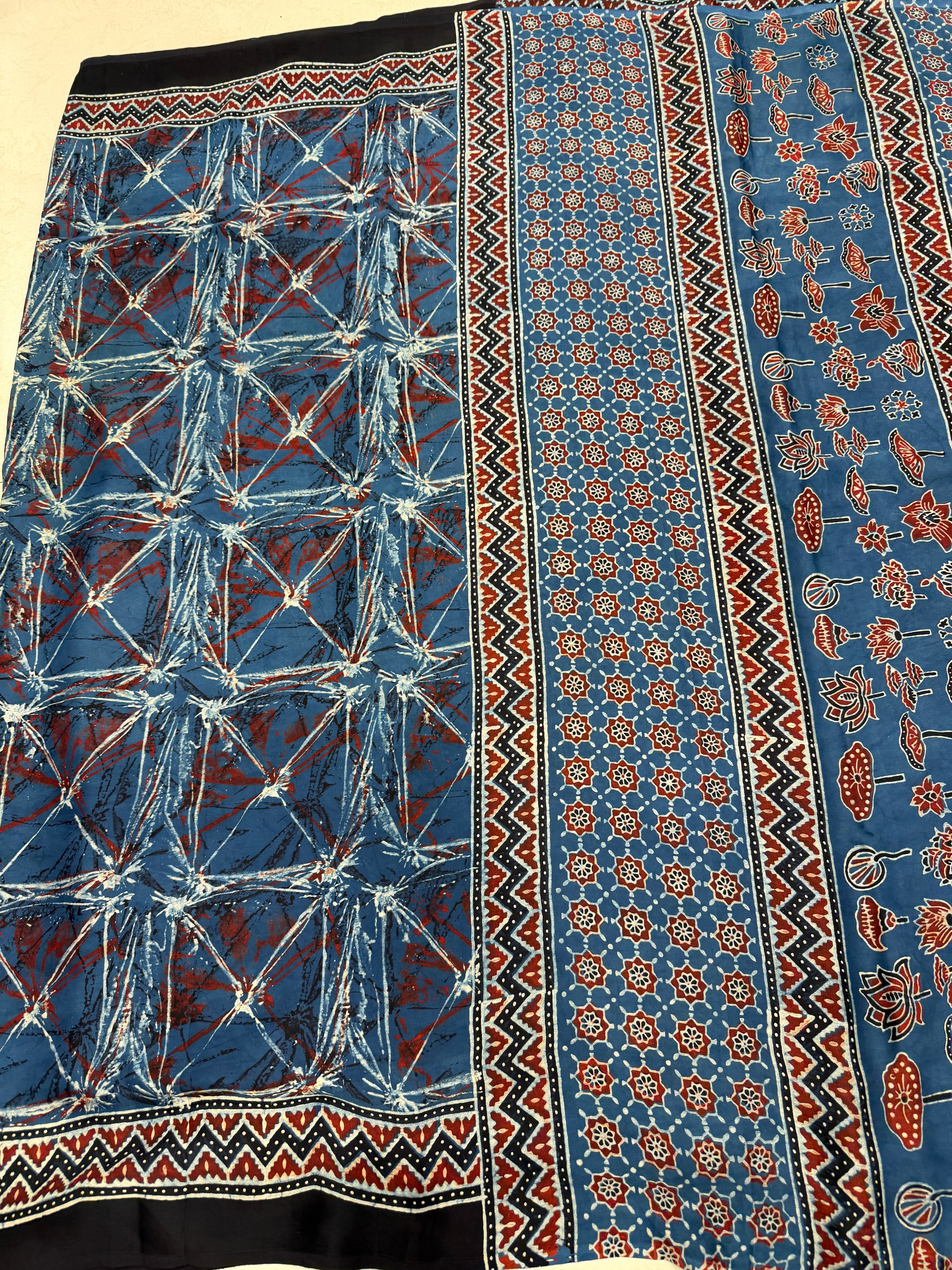 Blue Contemporary Ajrakh Hand Block Print Pure Gajji Silk Saree