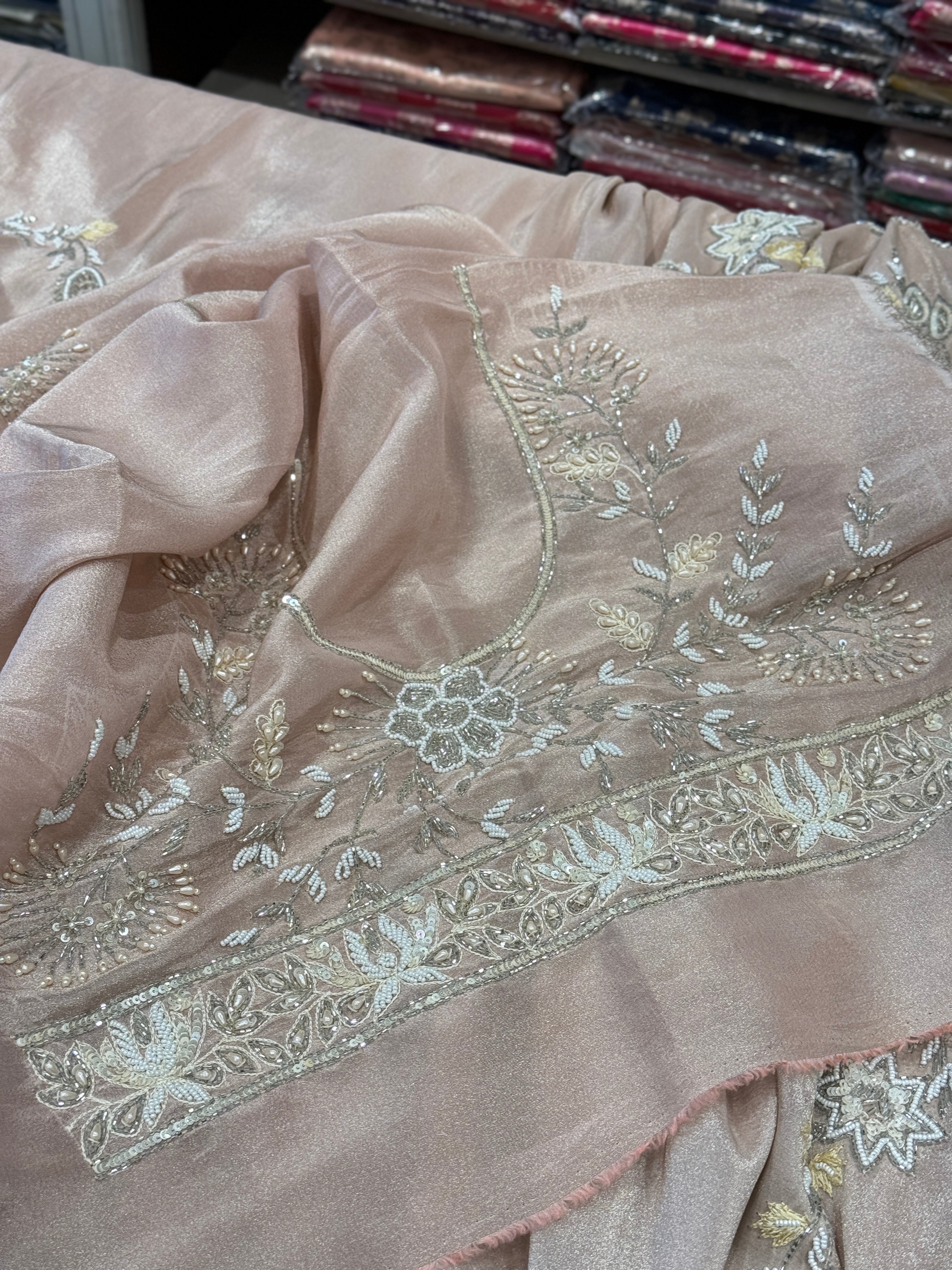 Pink Crepe Tissue Hand Embroidery Saree