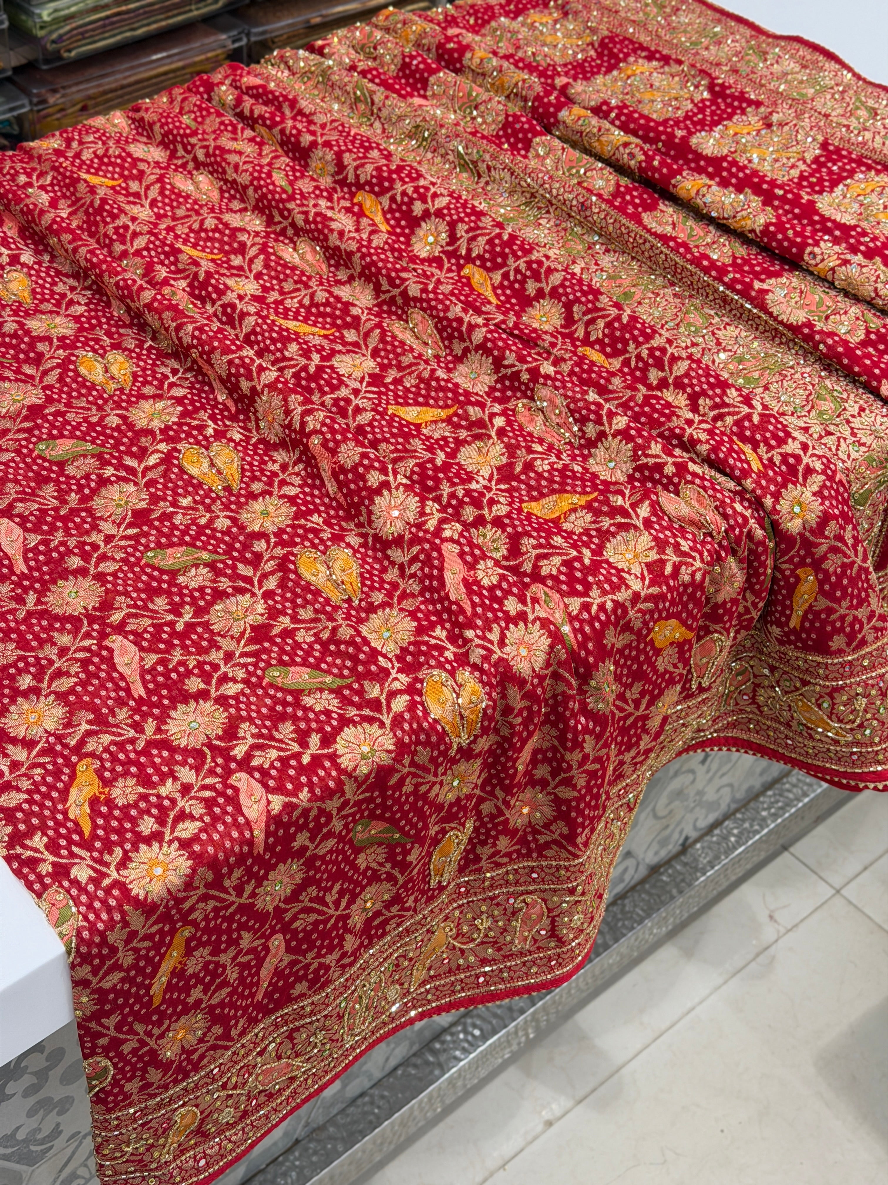 Red Woven Bandhej Banarasi Khaddi Georgette Parrot Motif Hand Embroidery Saree