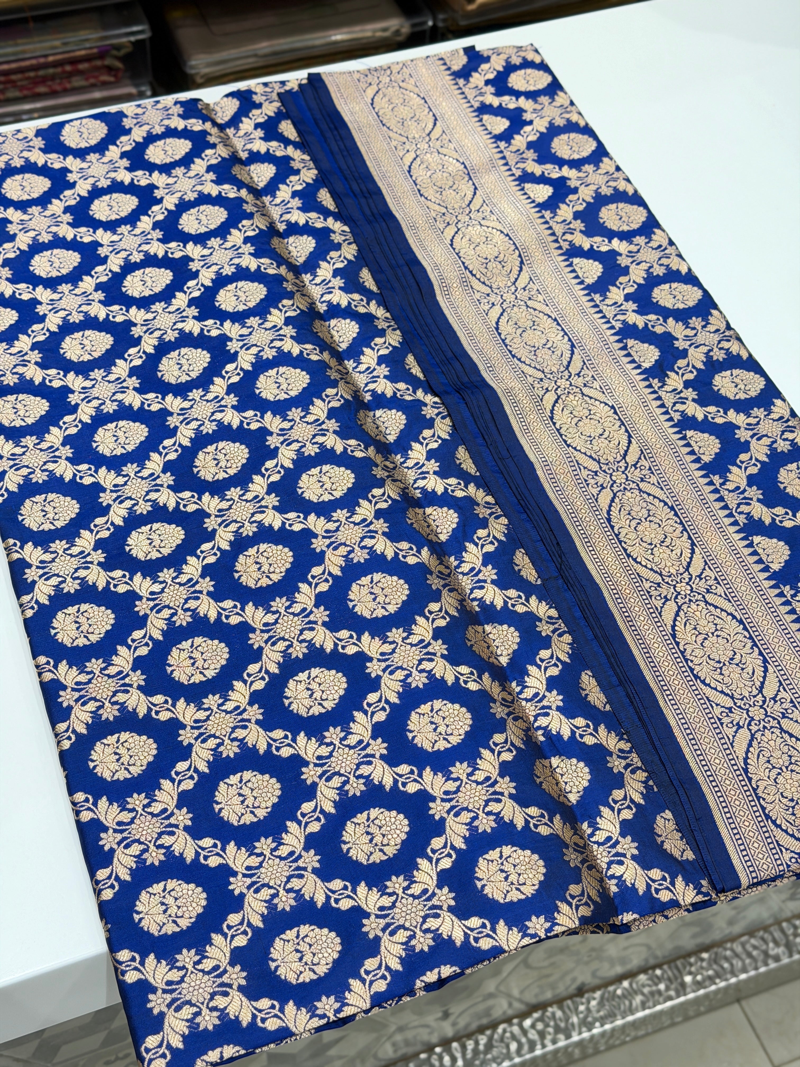 Blue Cross Jaal Handloom Banarasi Katan Silk Saree