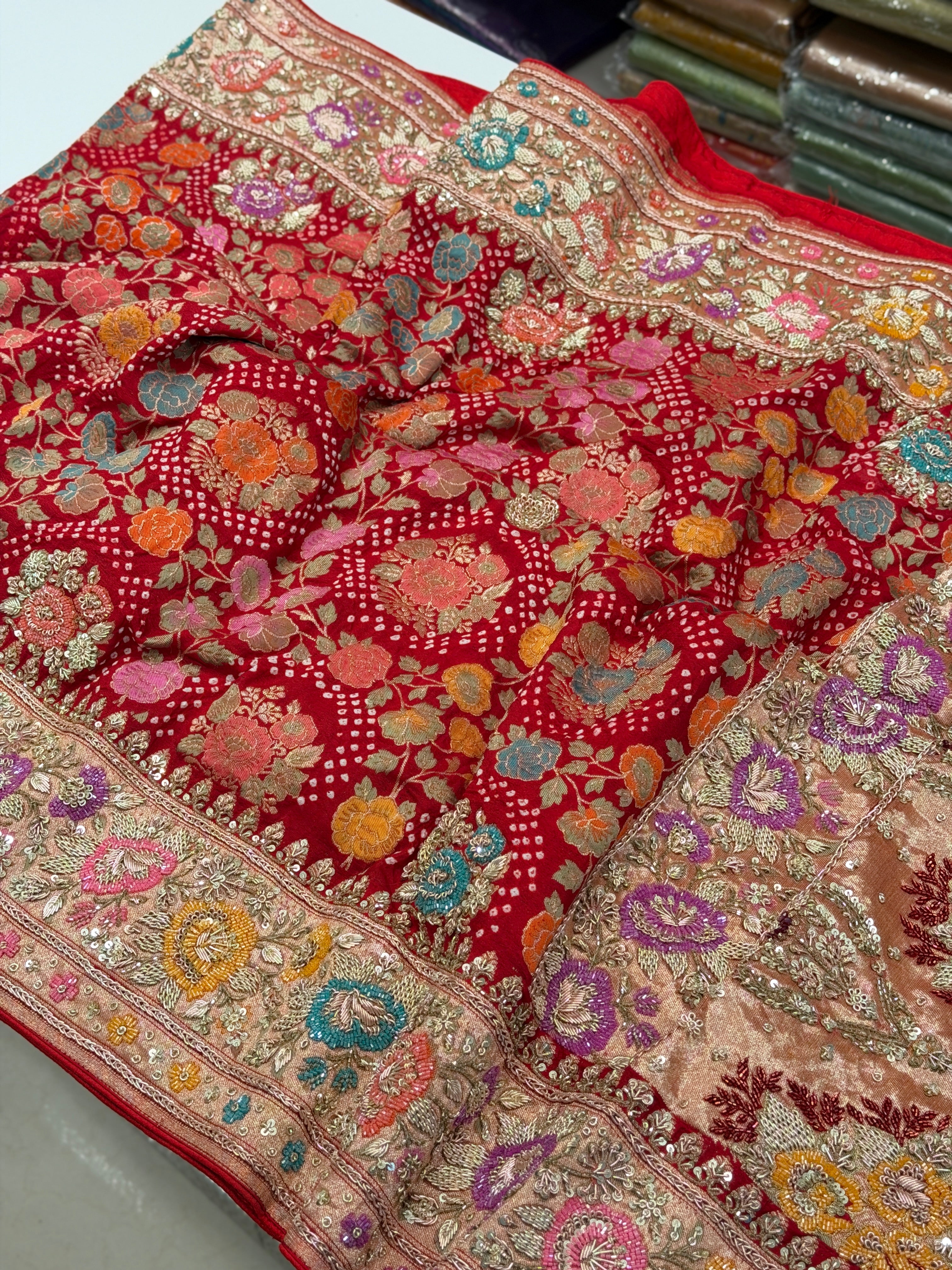 Red Meenakari Bandhej Zardodi Sequin Hand Embroidery Saree