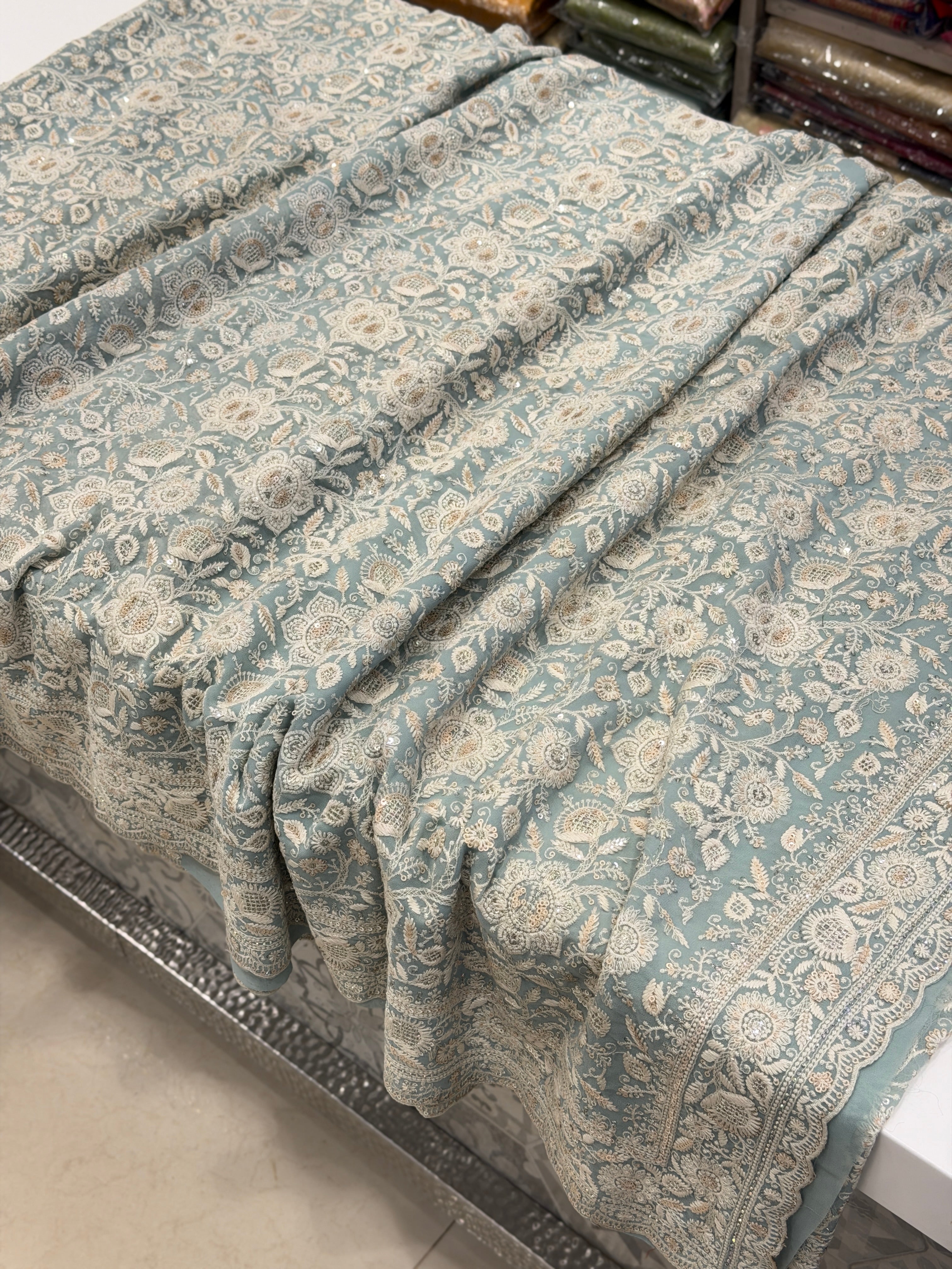 Sea Green Chikankari Georgette Small Scallop Design Saree