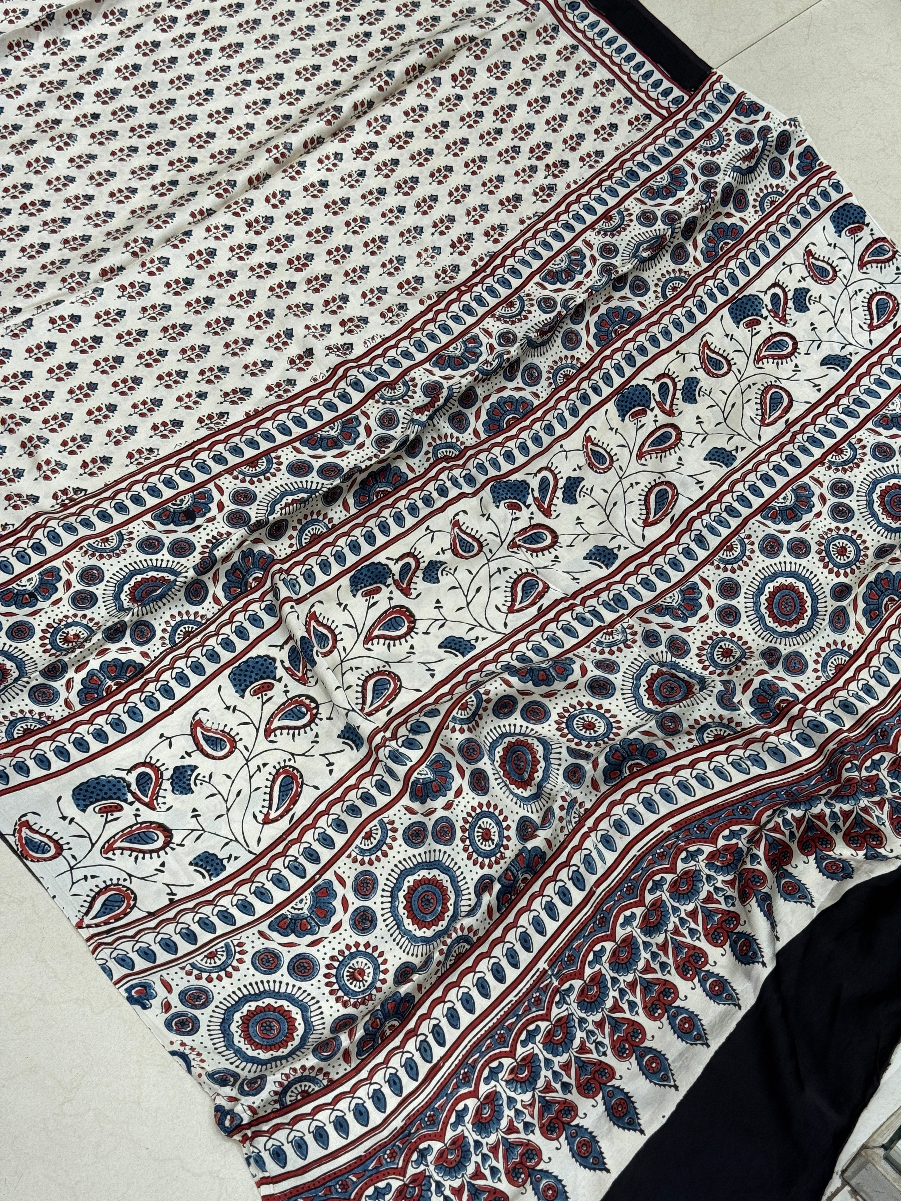 White Small Leaf Butti Modal Silk Ajrakh Saree