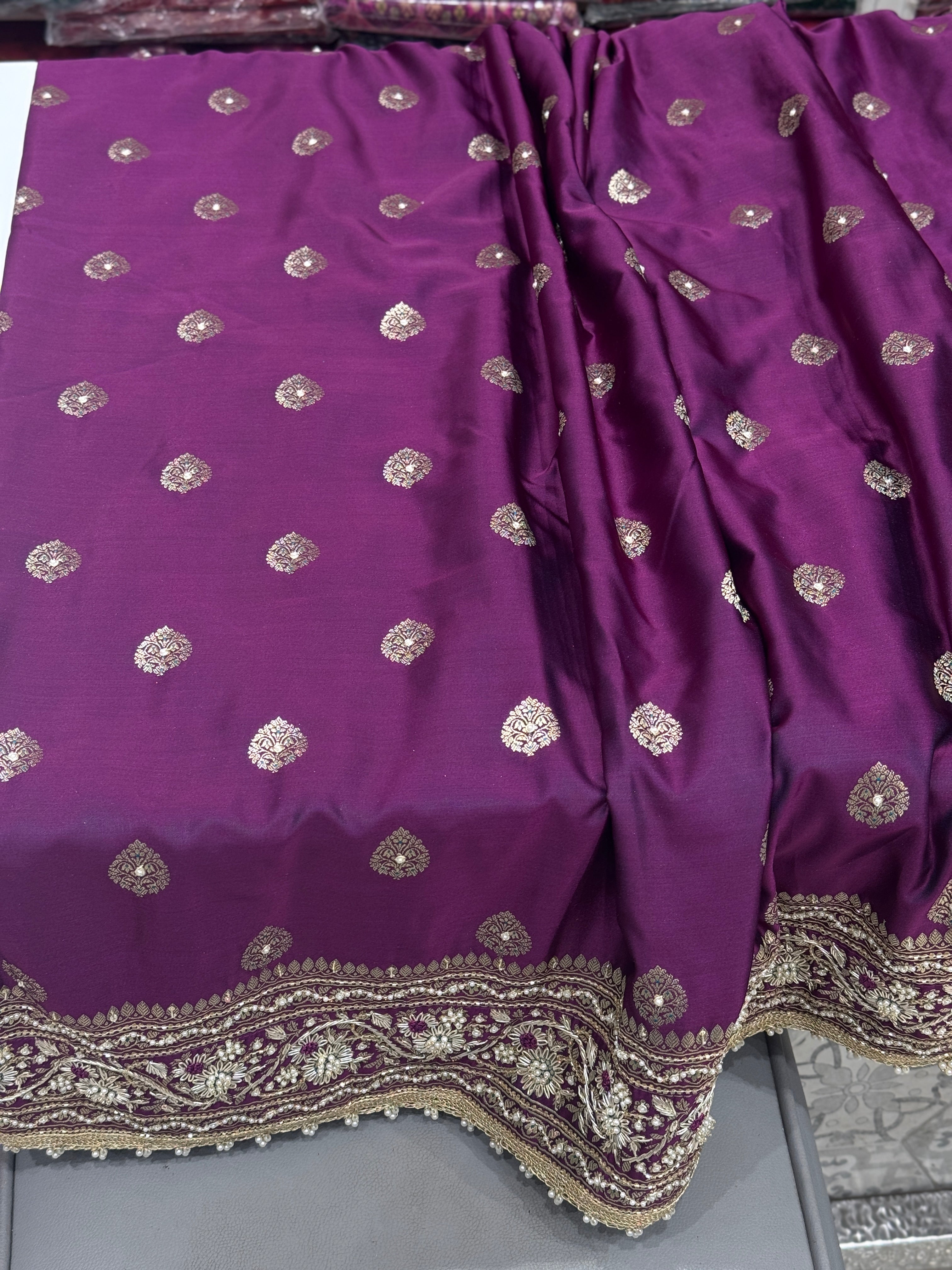 Violet Banarasi Silk Butta Hand Embroidery Saree