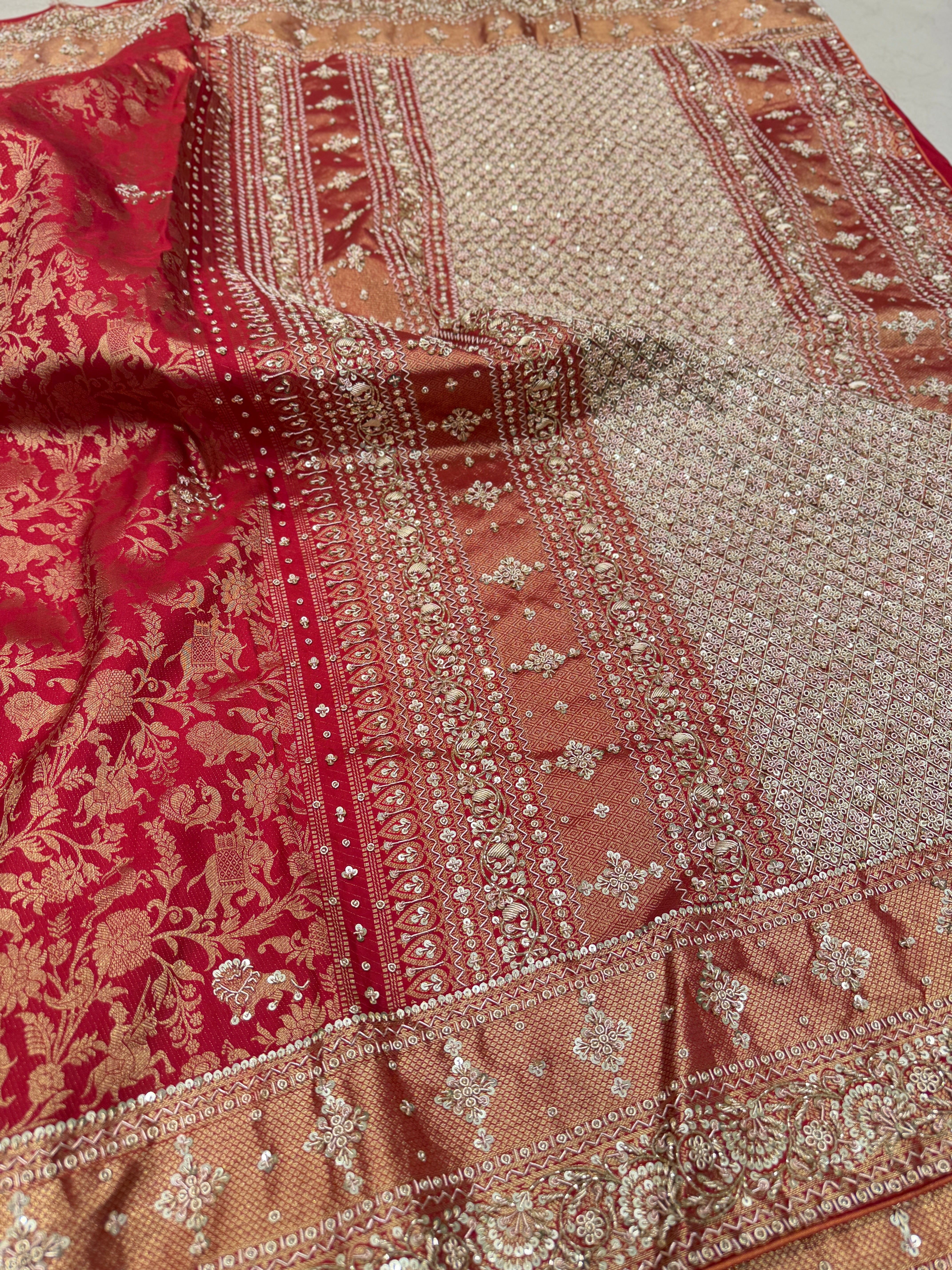 Maroonish Red Shikara Kanjivaram Hand Embroidery Zardosi Saree