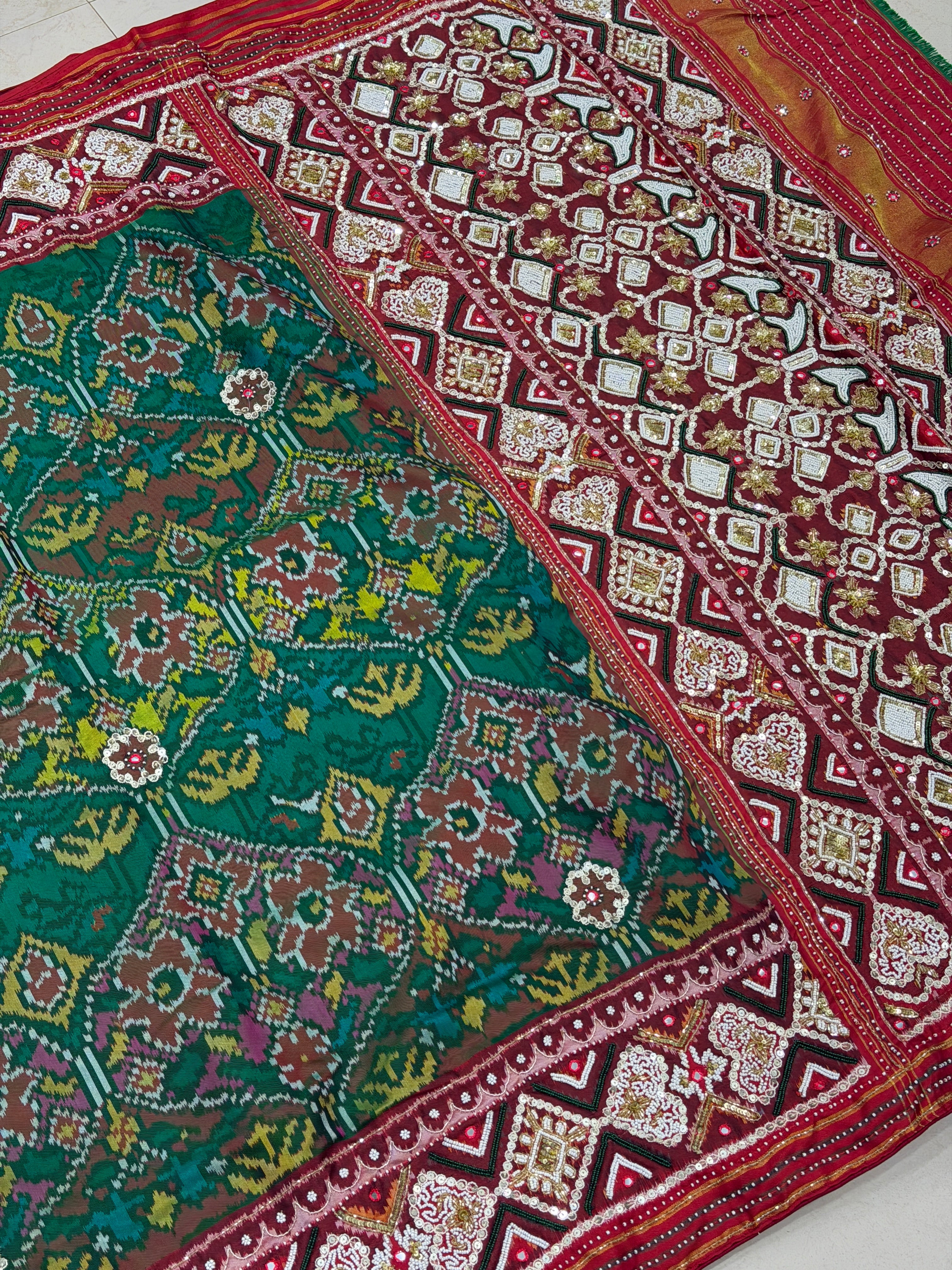 Green Patan Patola Hand Embroidery Kidiya Moti Zardosi Saree