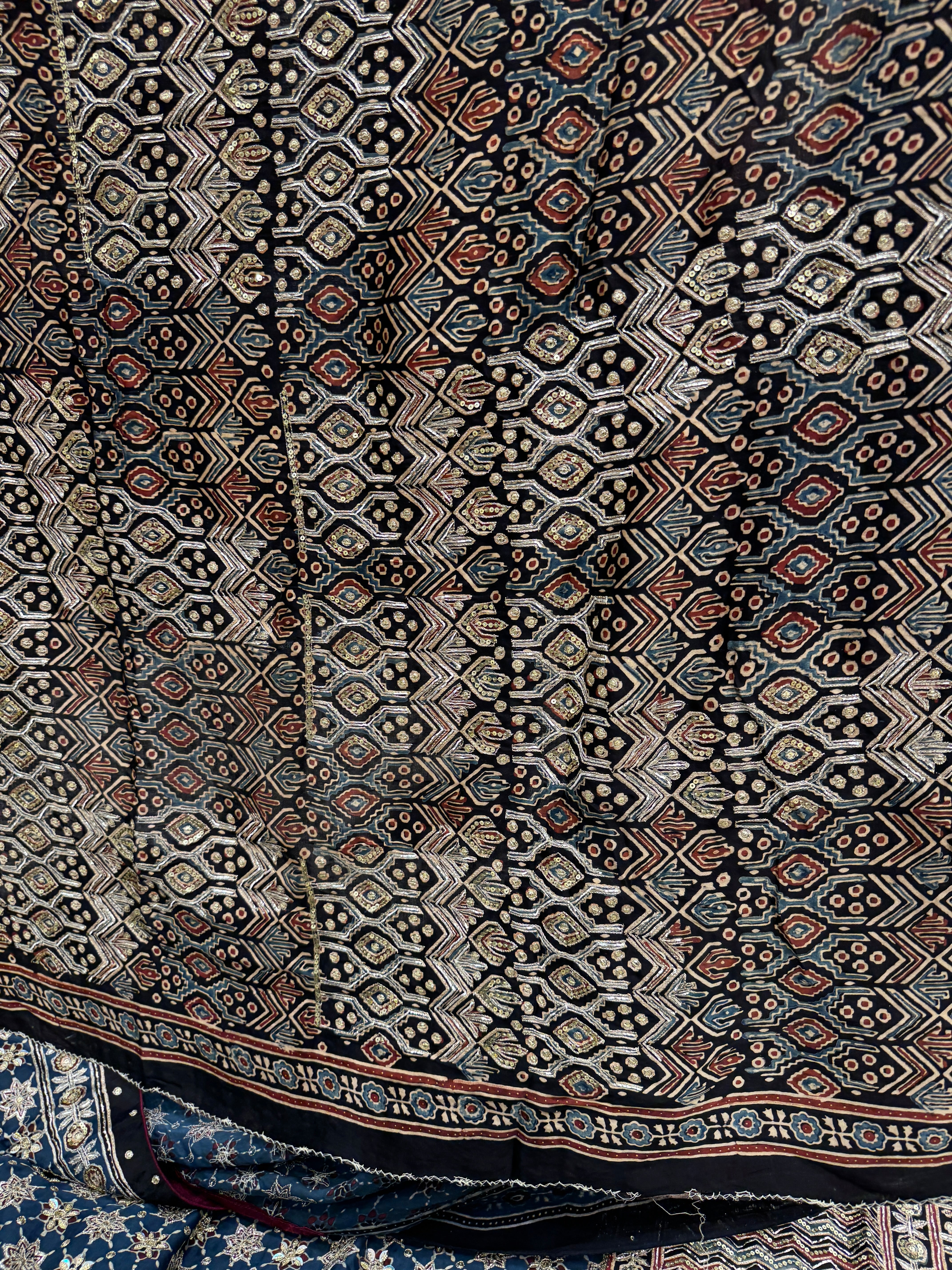 Blue Black Jaal Ajrakh Hand Embroidery Saree