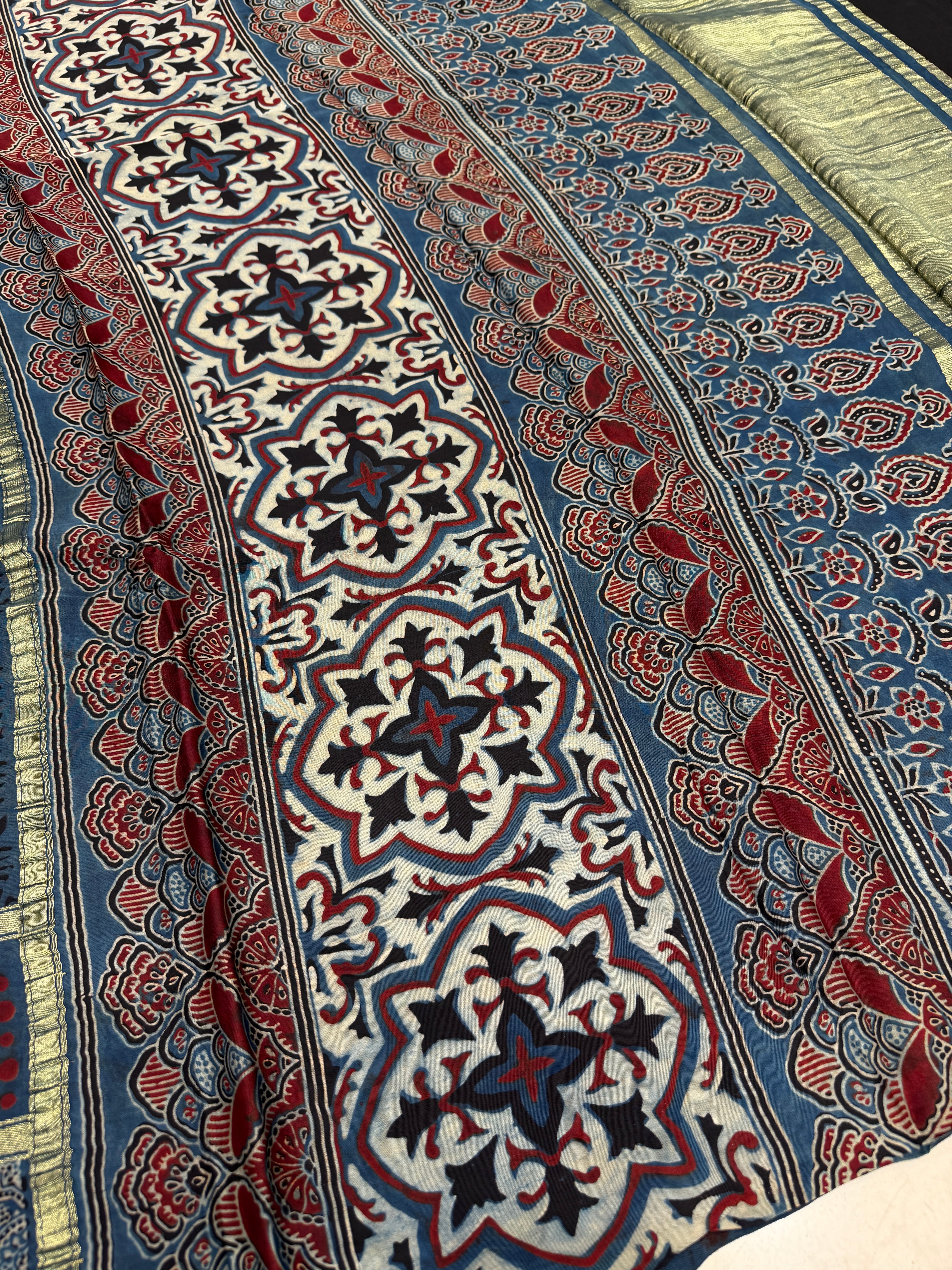 Blue Checks Red Dotts Lagdipatta Ajrakh Hand Block Print Pure Modal Silk Saree