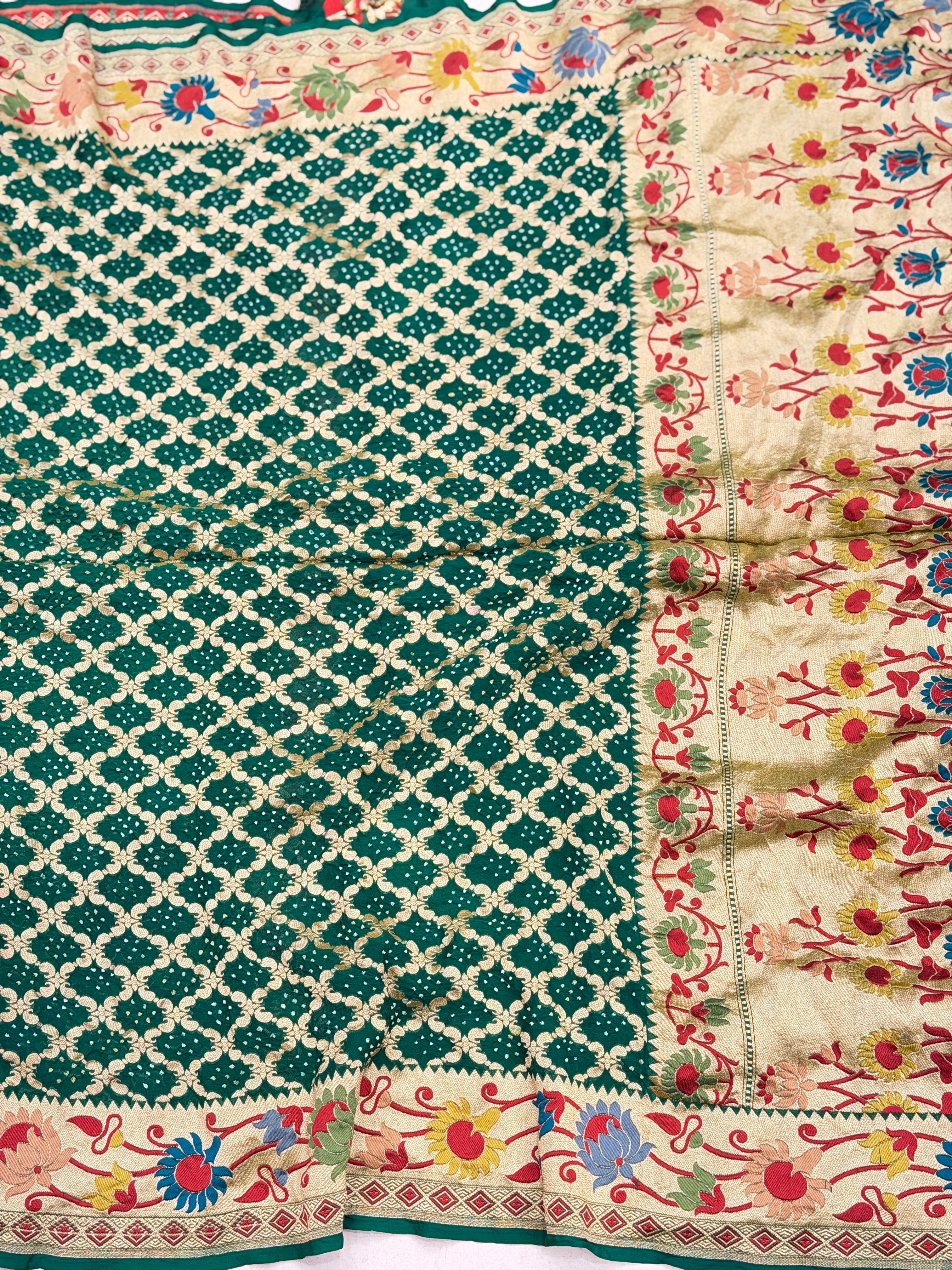 Bottle Green Meenakari Paithani Weaved Pure Handloom Georgette Bandhej Saree