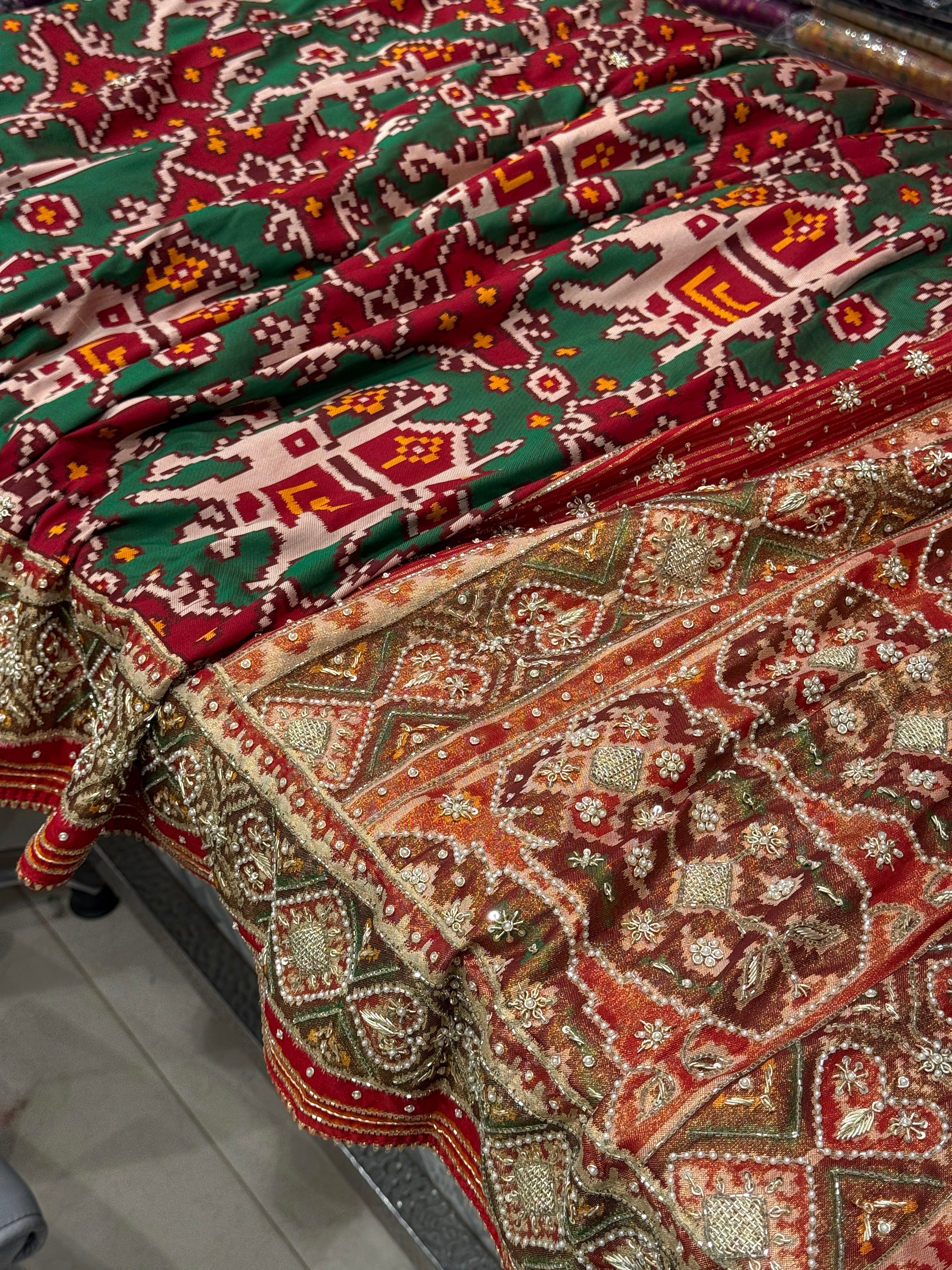Maroon Green Big Elephant Patola Zardosi Embroidery Saree