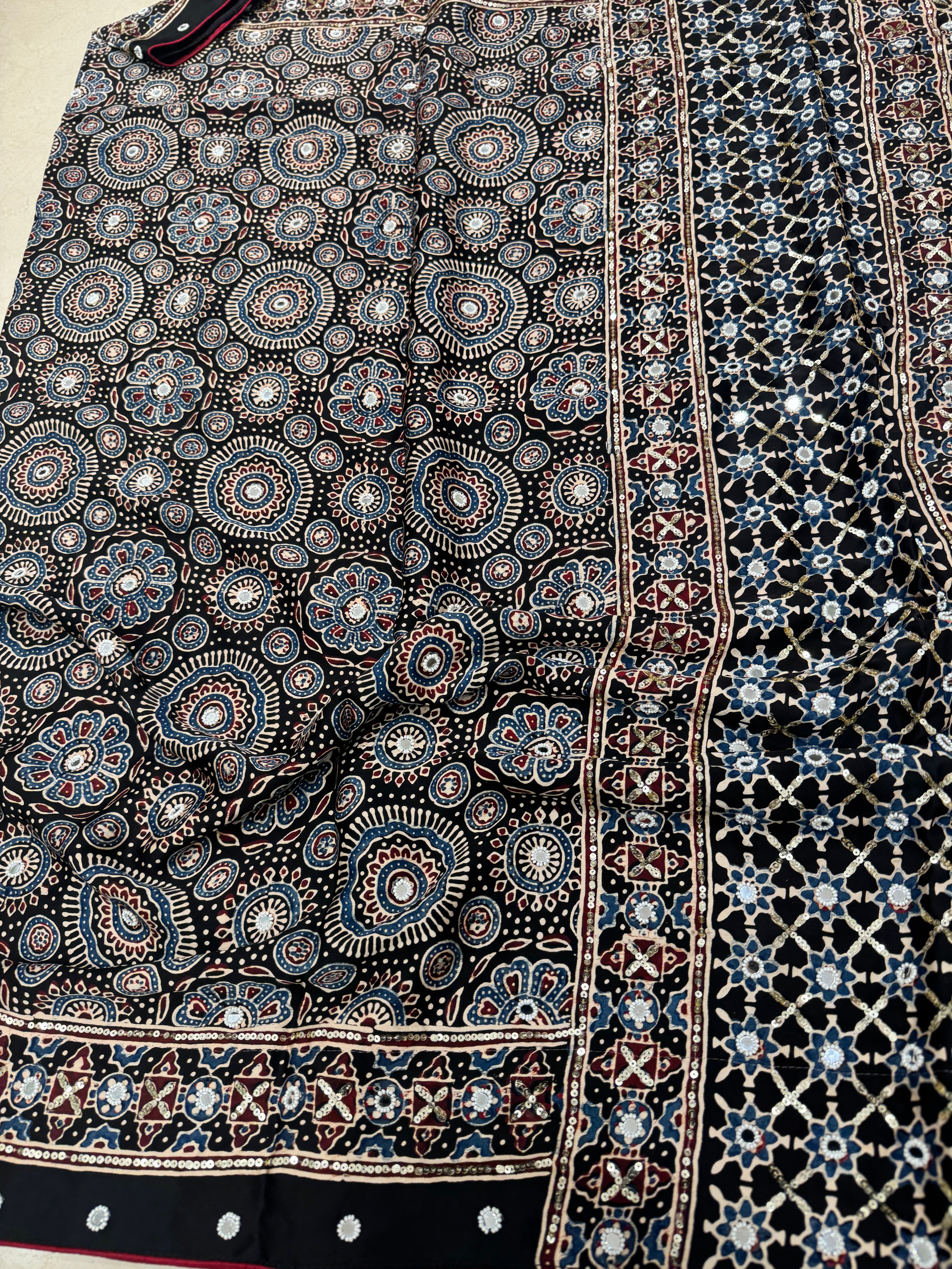 Black Badam Buttas Ajrakh Sequin Mirror Moti Hand Embroidery Saree