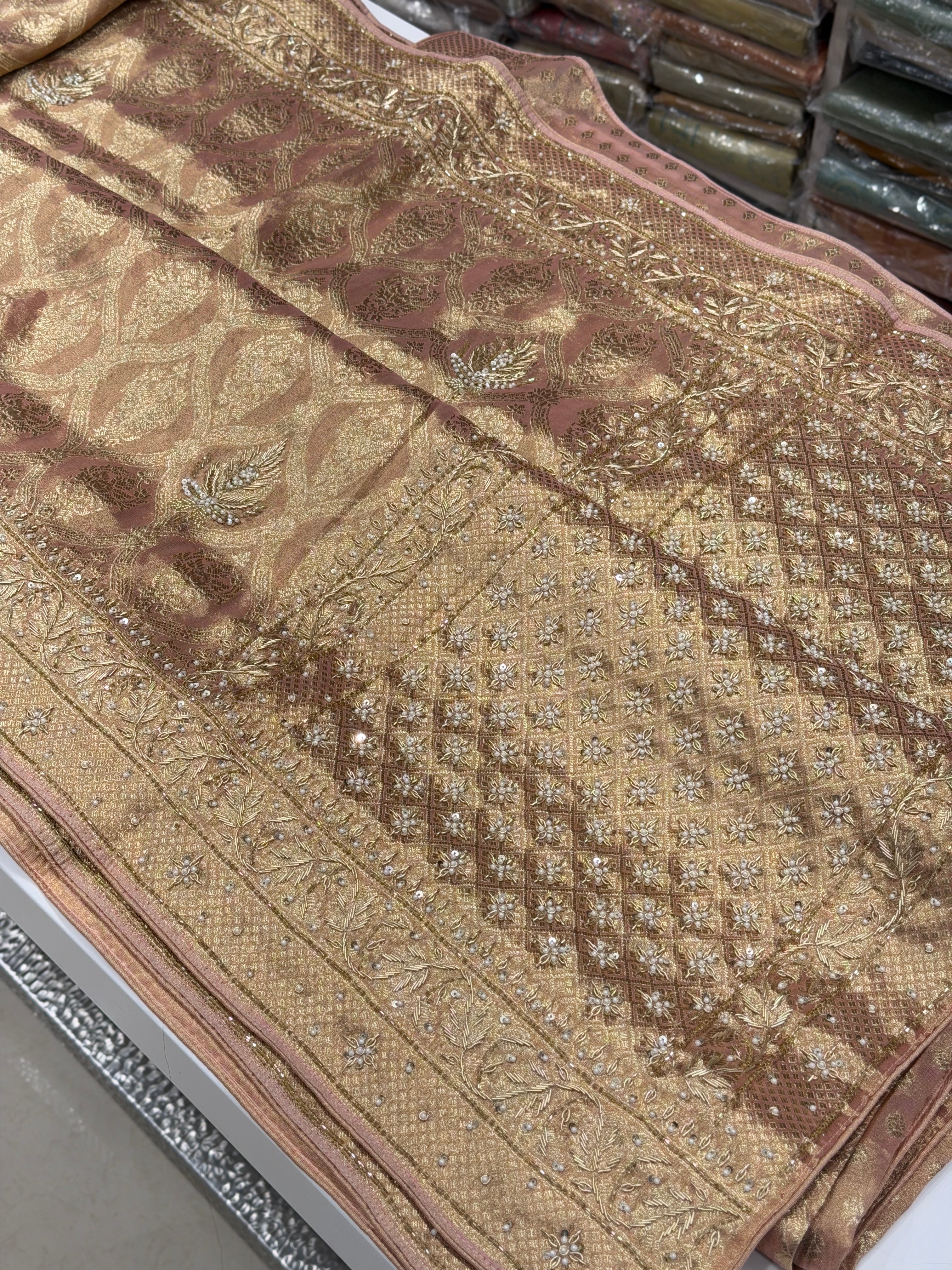 Nude Pink Crown Jaal Banarasi Zardosi Embroidery Saree