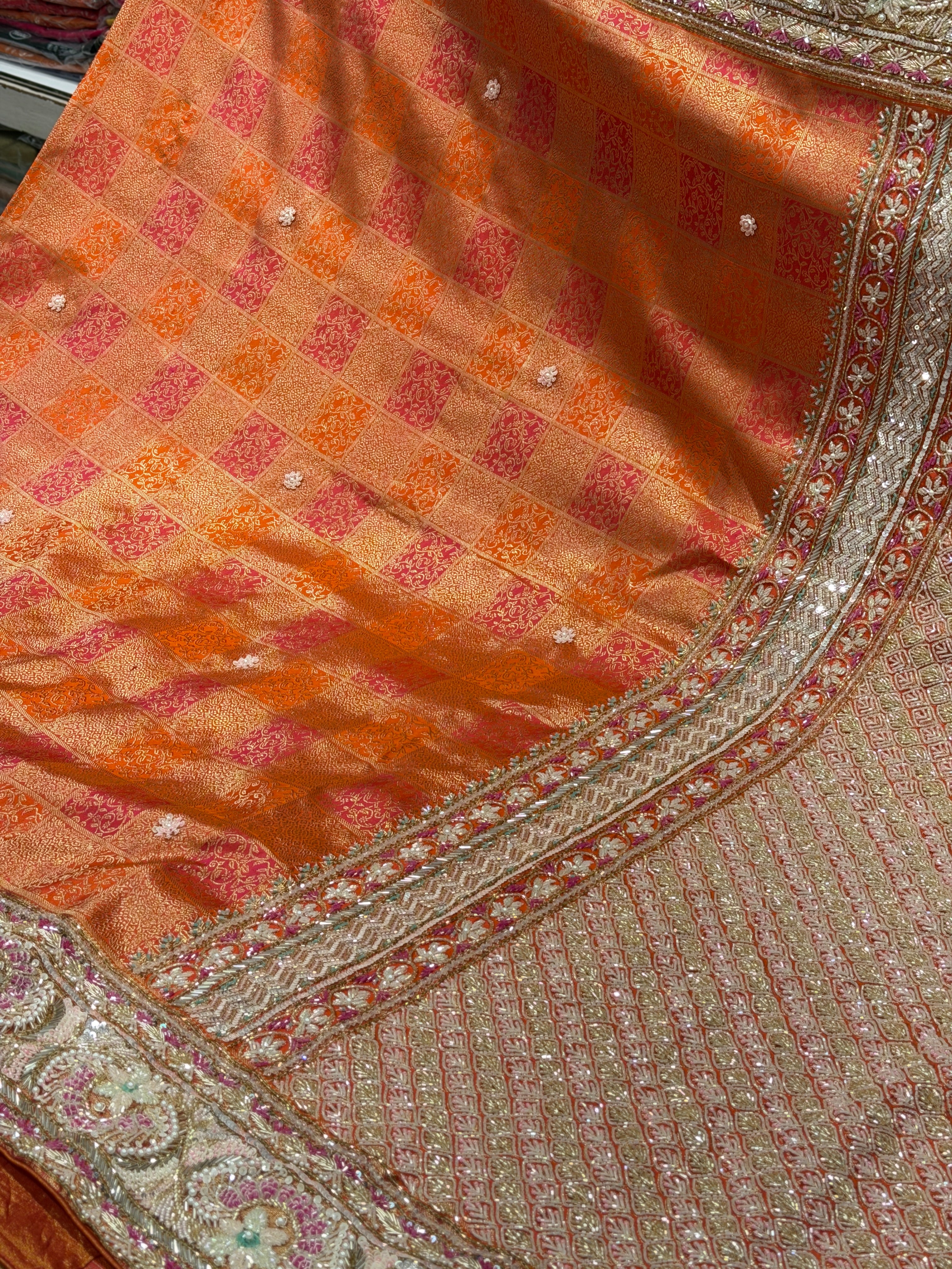 Rust Orange Kanjivaram Moti Zardosi Hand Embroidery Saree