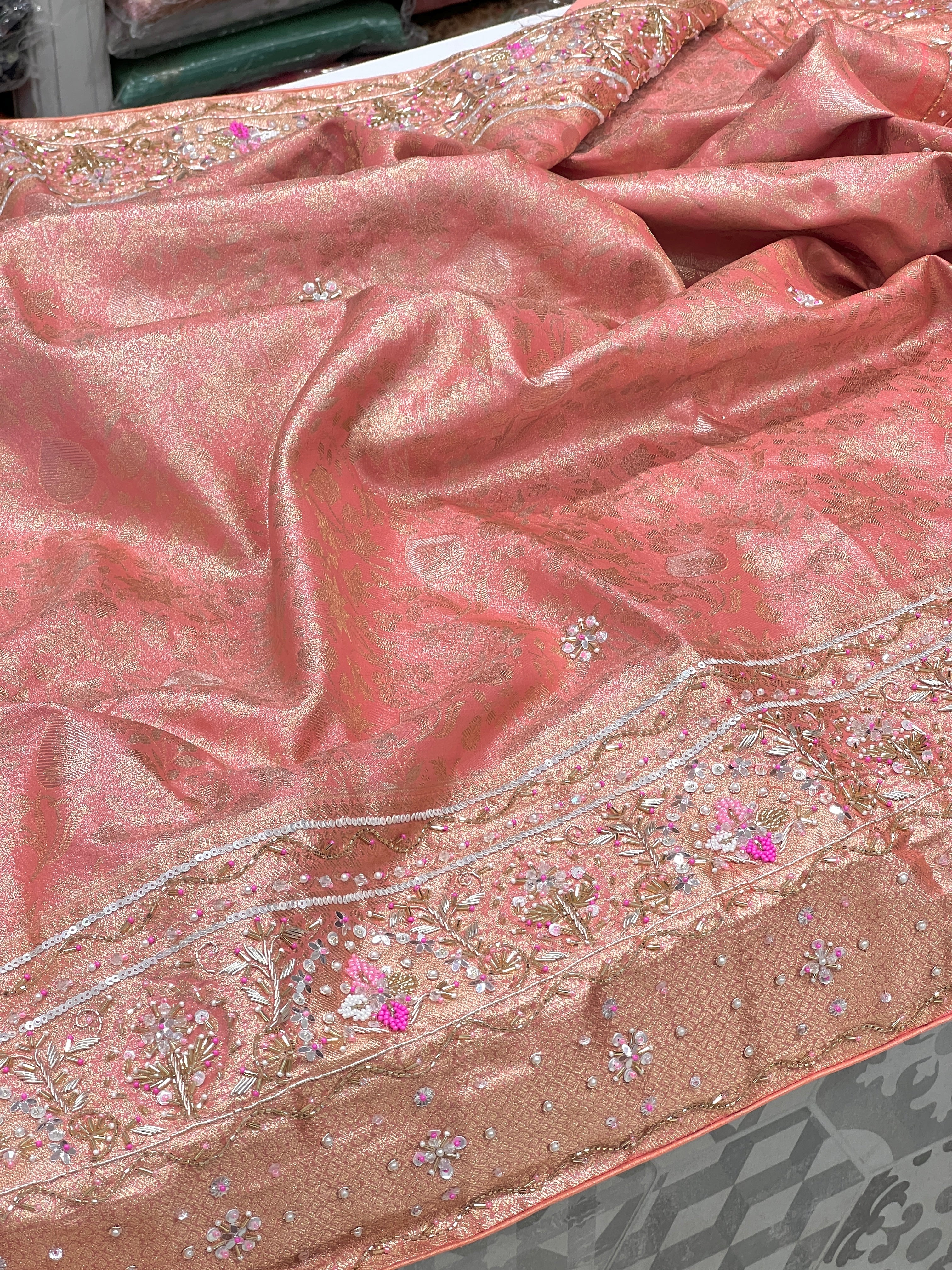 Peach Pink Kanjivaram Fancy Embroidery Saree