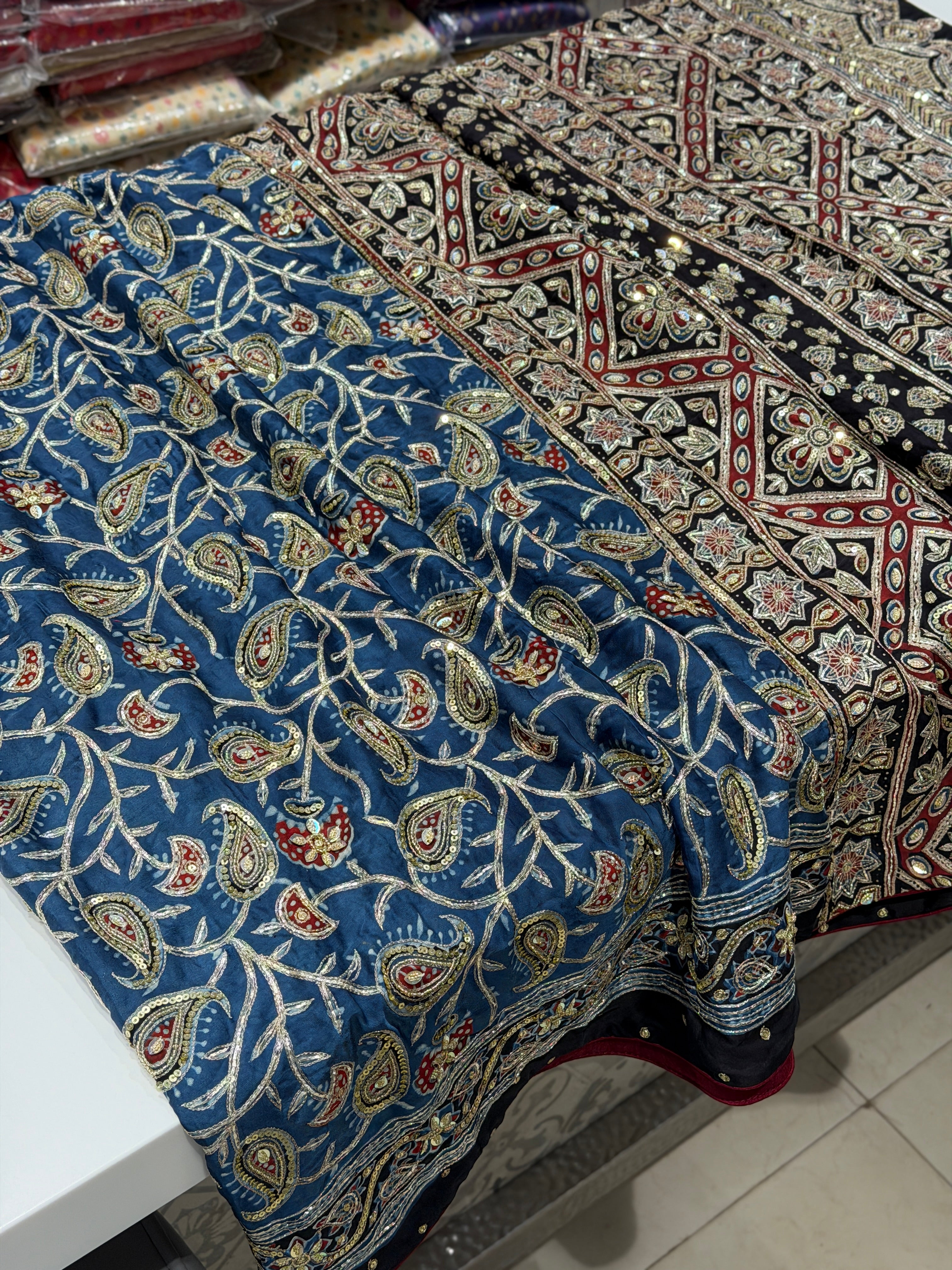 Blue Keri Jaal Pita Sequin Ajrakh Hand Embroidery Saree