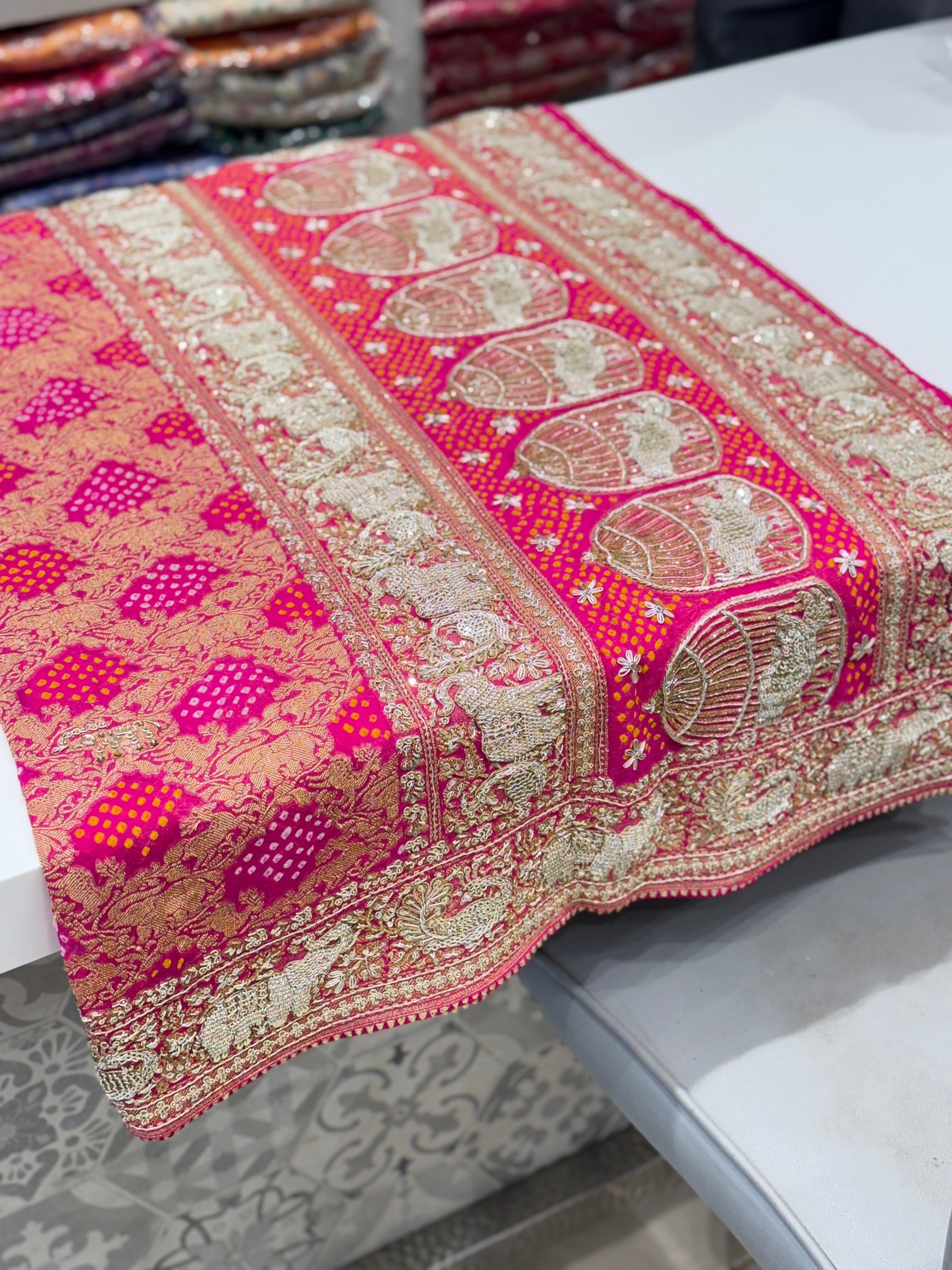 Rani Bandhej Zardosi Hand Embroidery Elephant Border Saree