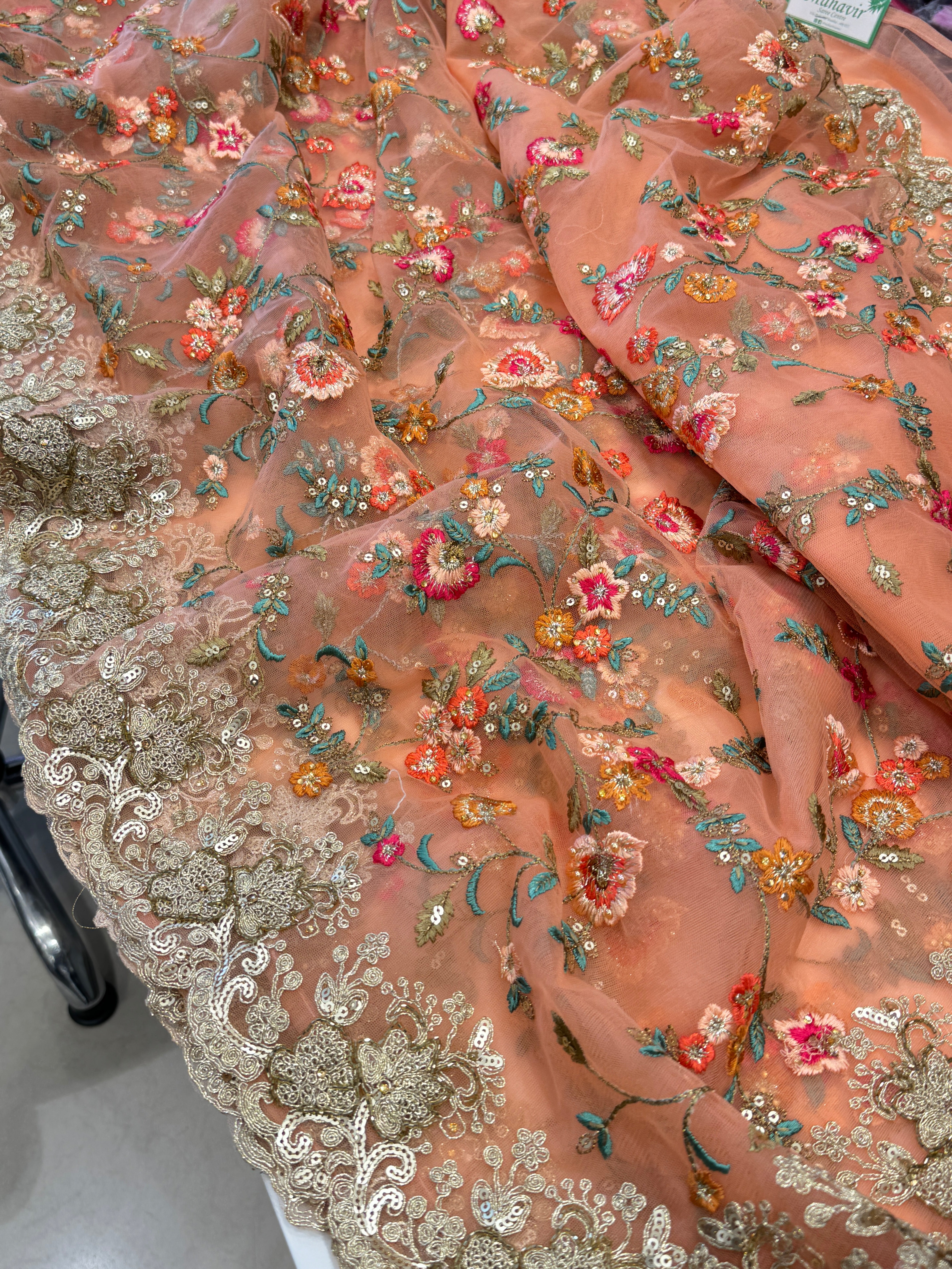 Peach Soft Net Resham Zari Embroidery Saree