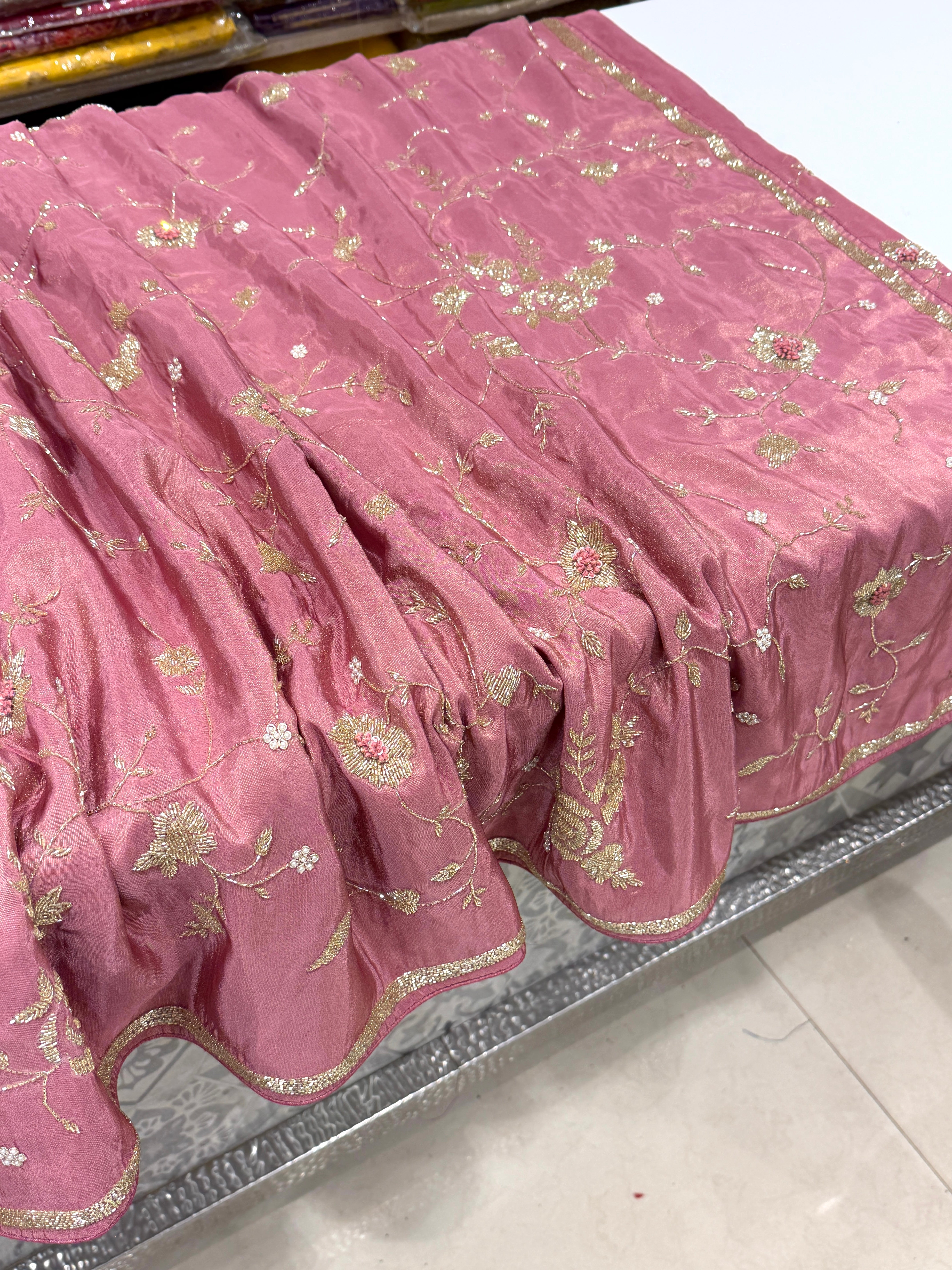 Pink Crepe Tissue Cutdana Knot Hand Embroidery Jaal Saree