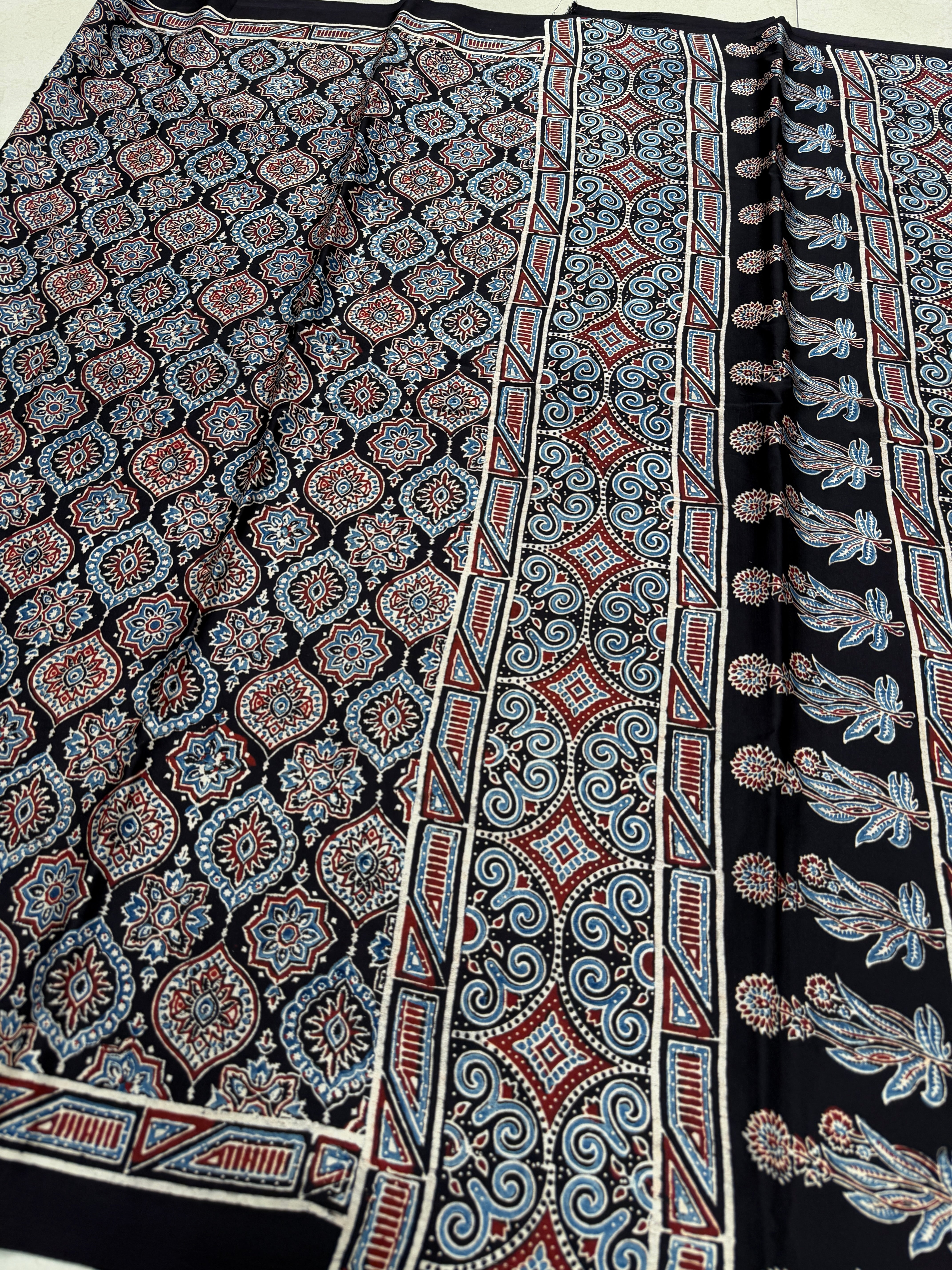 Black Small Badam Butta Ajrakh Hand Block Print Pure Modal Silk Saree