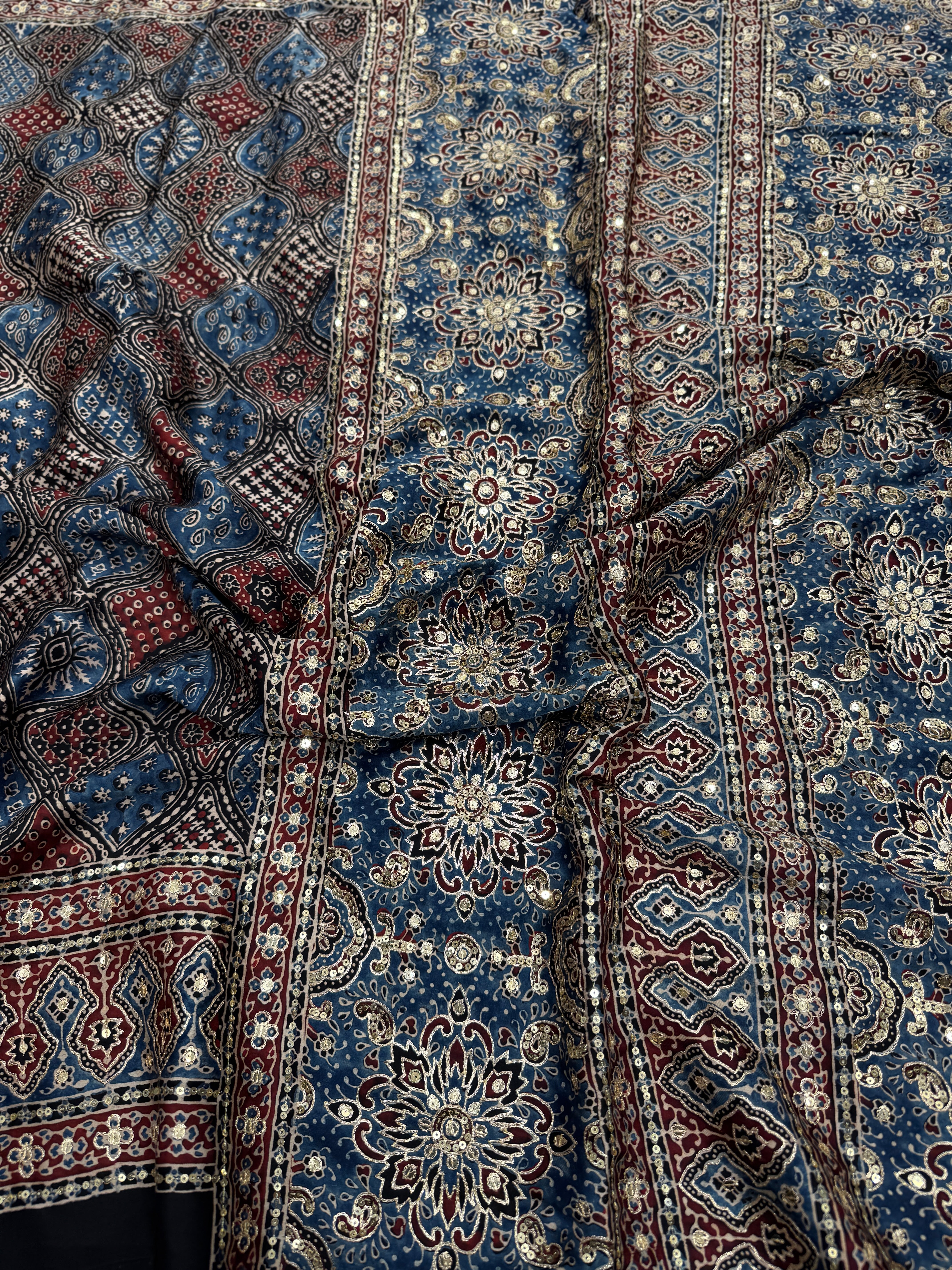 Blue Badam Abstract Jaal Pita Sequin Ajrakh Hand Embroidery Saree