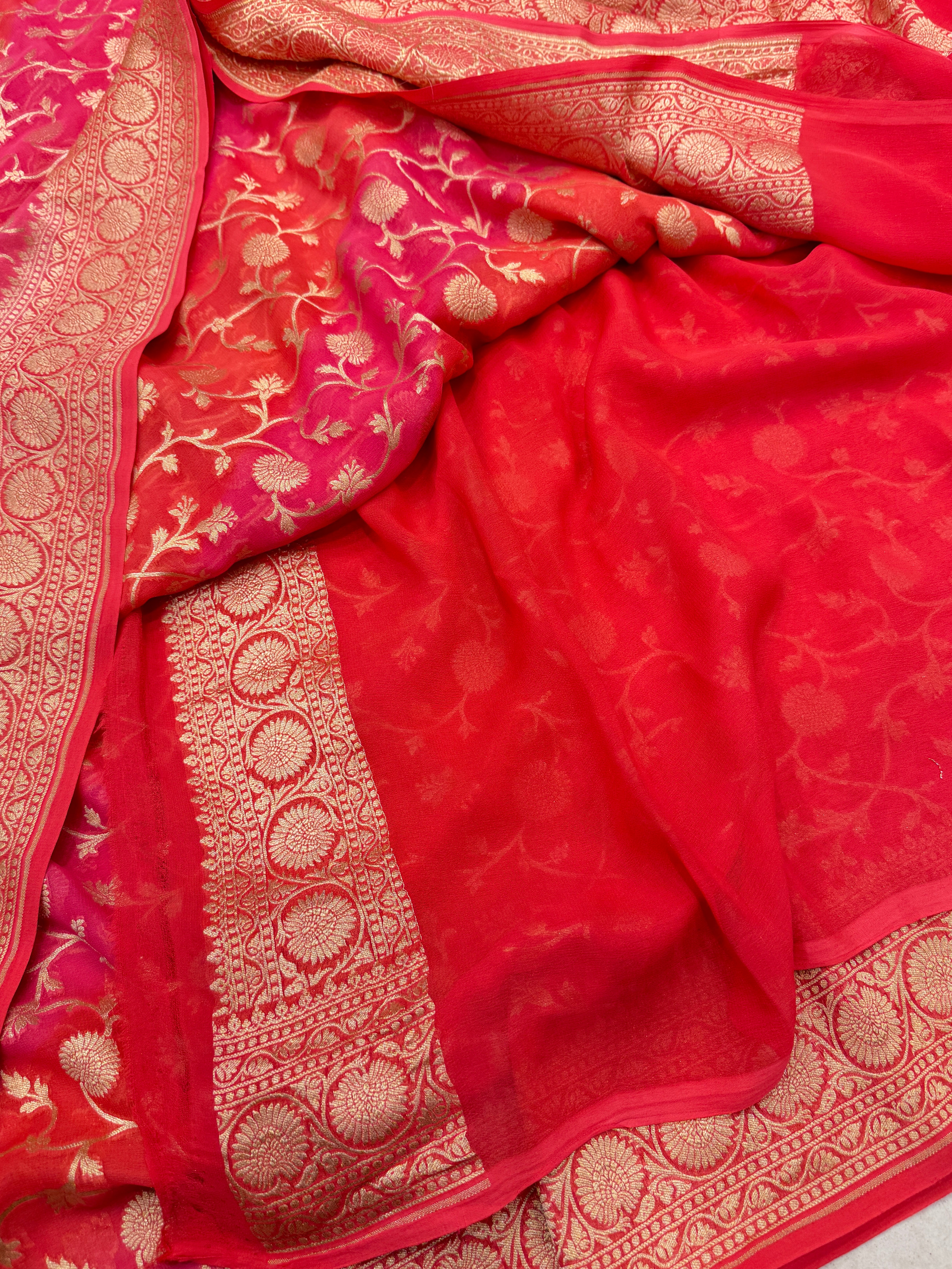 Orange Shaded Mughal Jaal Handloom Banarasi Khaddi Georgette Saree