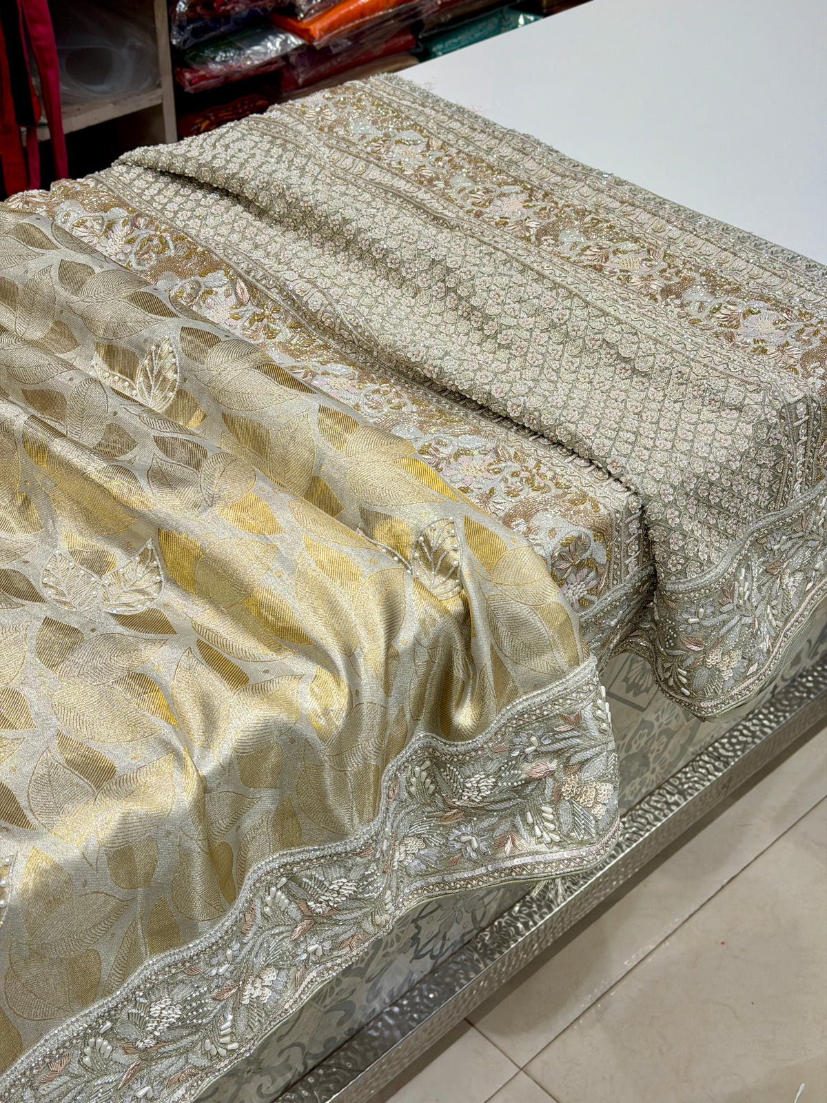 Golden Silver Leaf Jaal Kanjivaram Moti Zardosi Hand Embroidery Saree