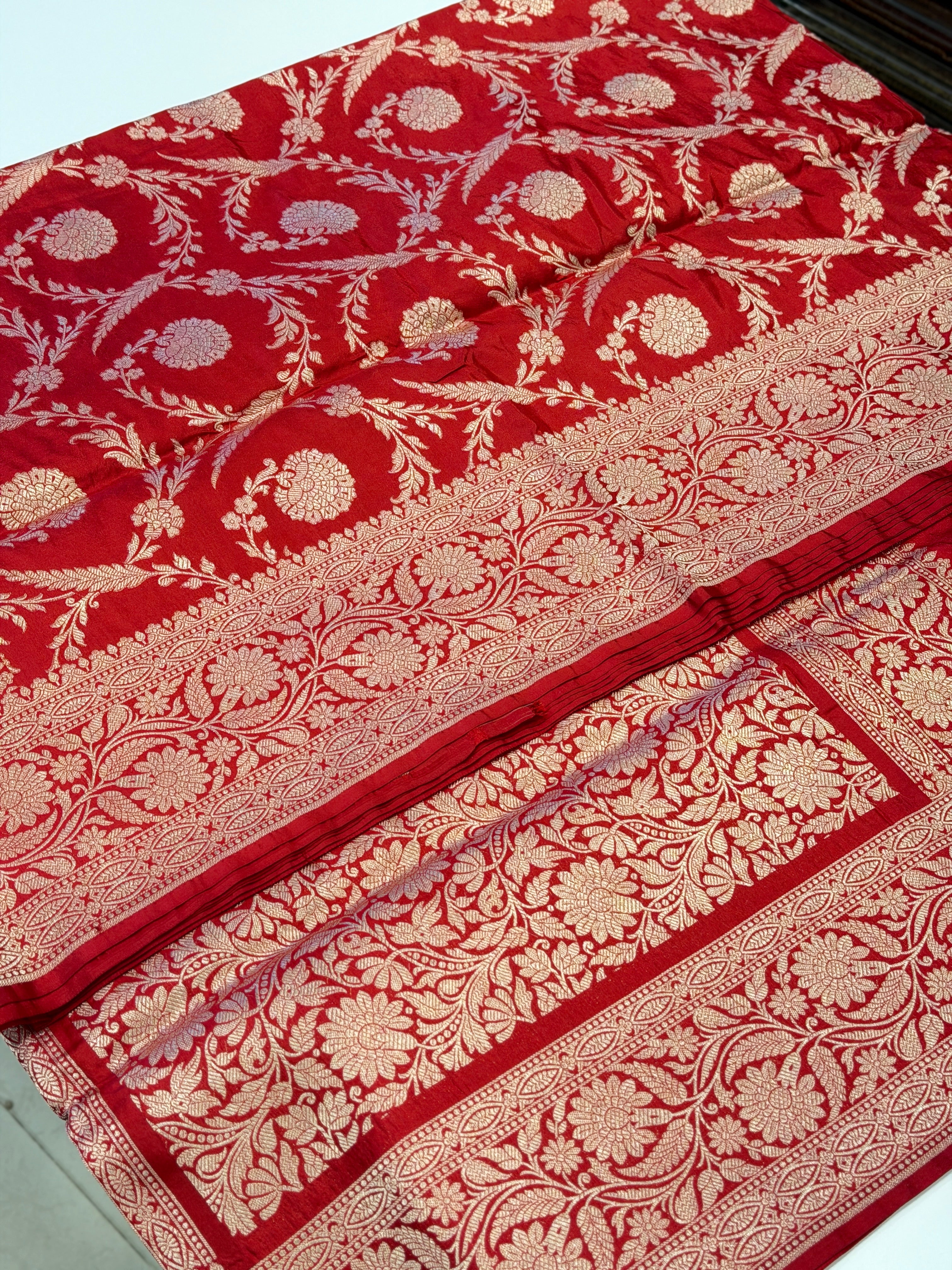 Red Jaal Weaved Banarasi Handloom Katan Silk Saree