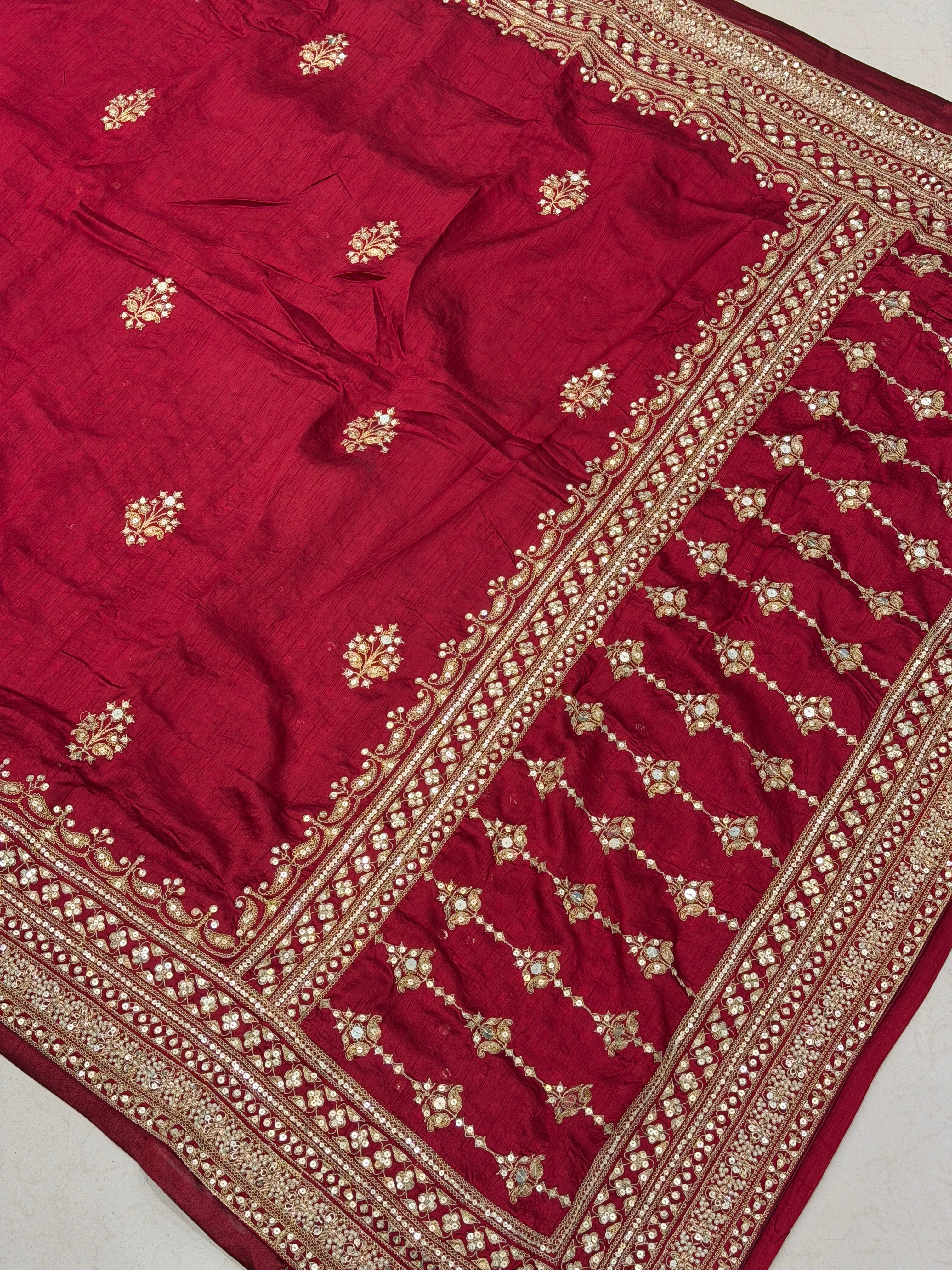 Maroon Pure Silk Sabyasachi Inspired Marodi Sequin Jaal Pallu Butti Saree