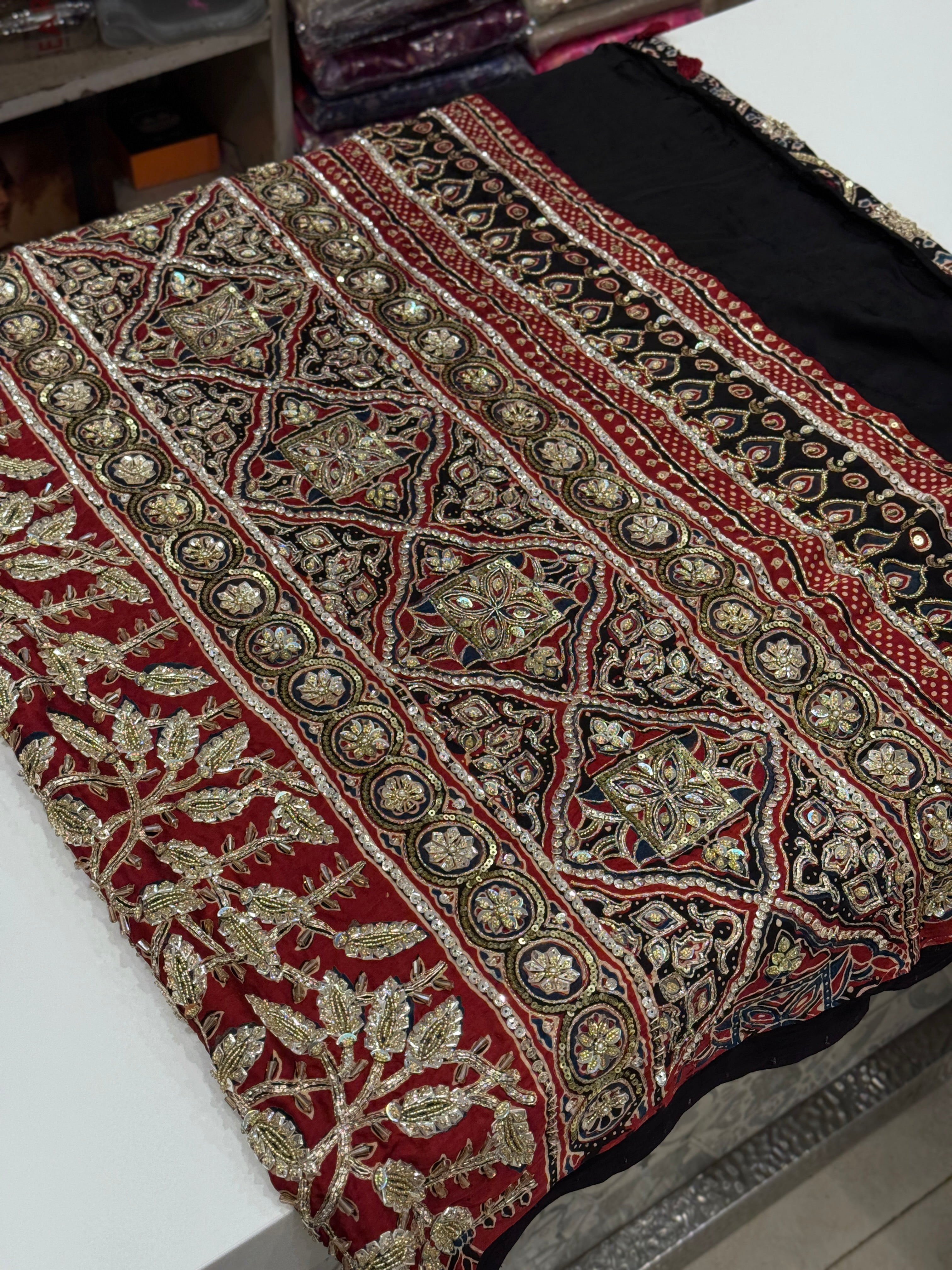 Black Red Jaal Pita Sequin Ajrakh Hand Embroidery Saree