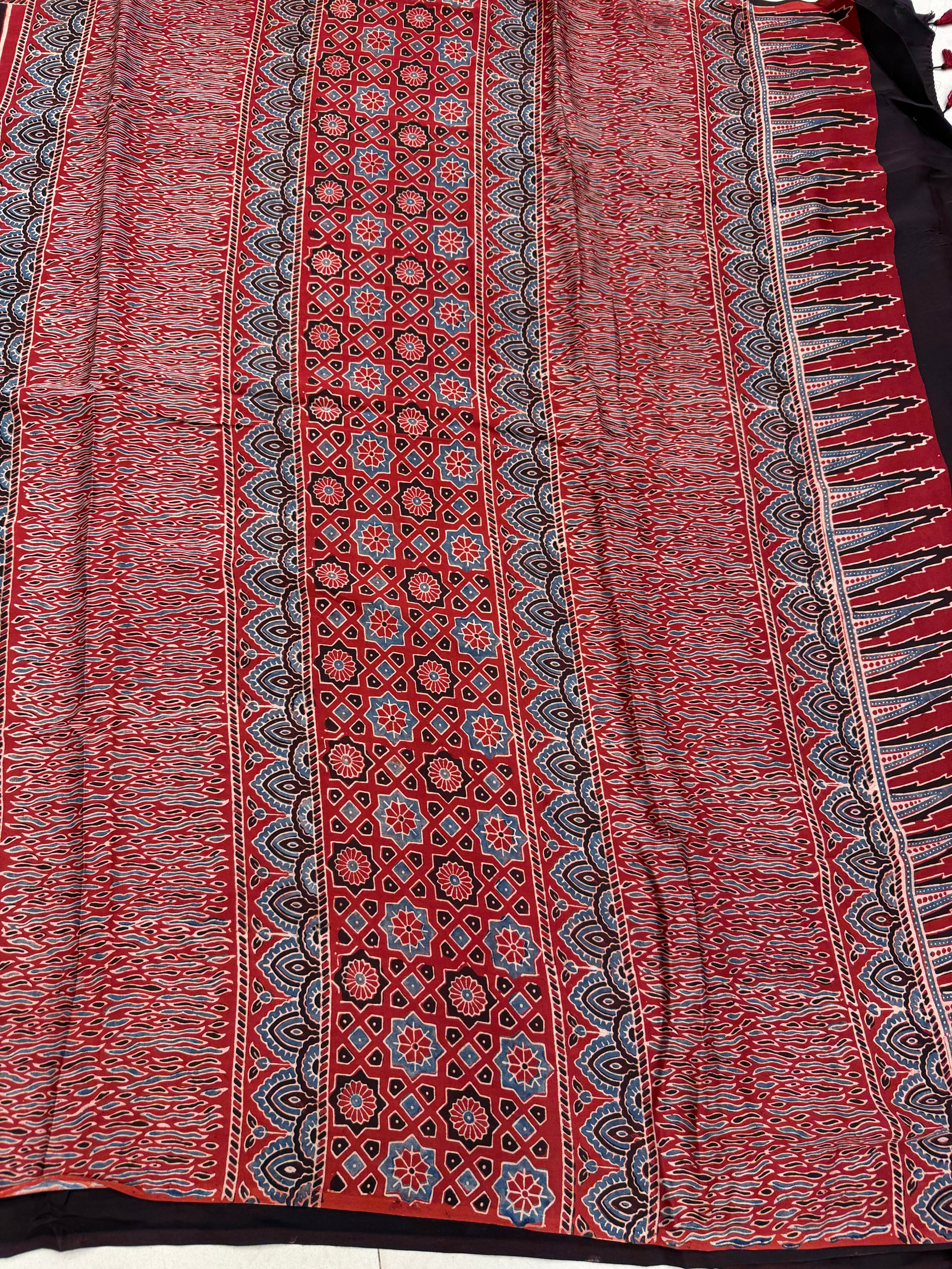 Red Contemporary Ajrakh Hand Block Print Pure Gajji Silk Saree