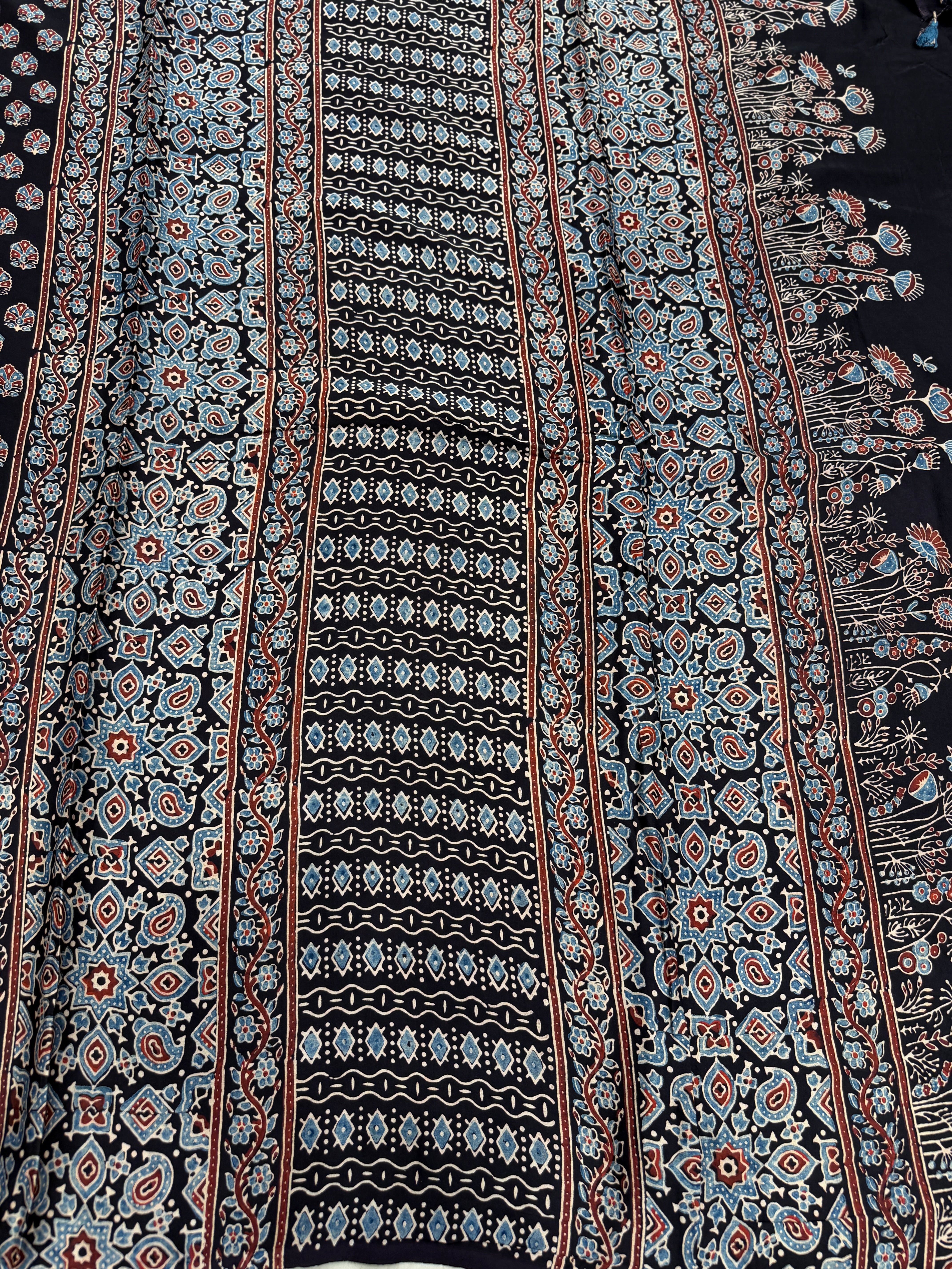 Black Buttis Ajrakh Hand Block Print Pure Gajji Silk Saree